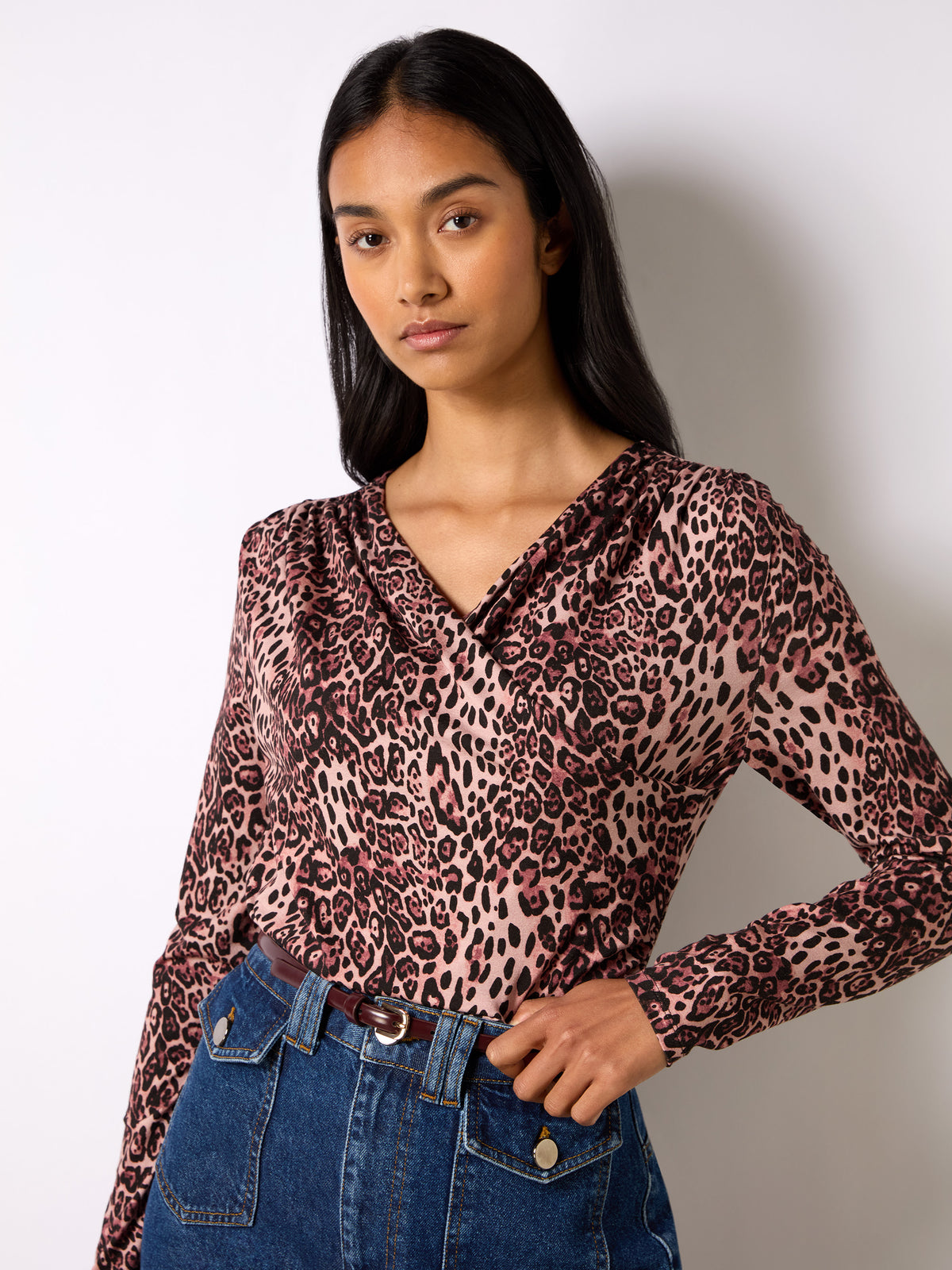 Pink Leopard Print Jersey Drape Front Top