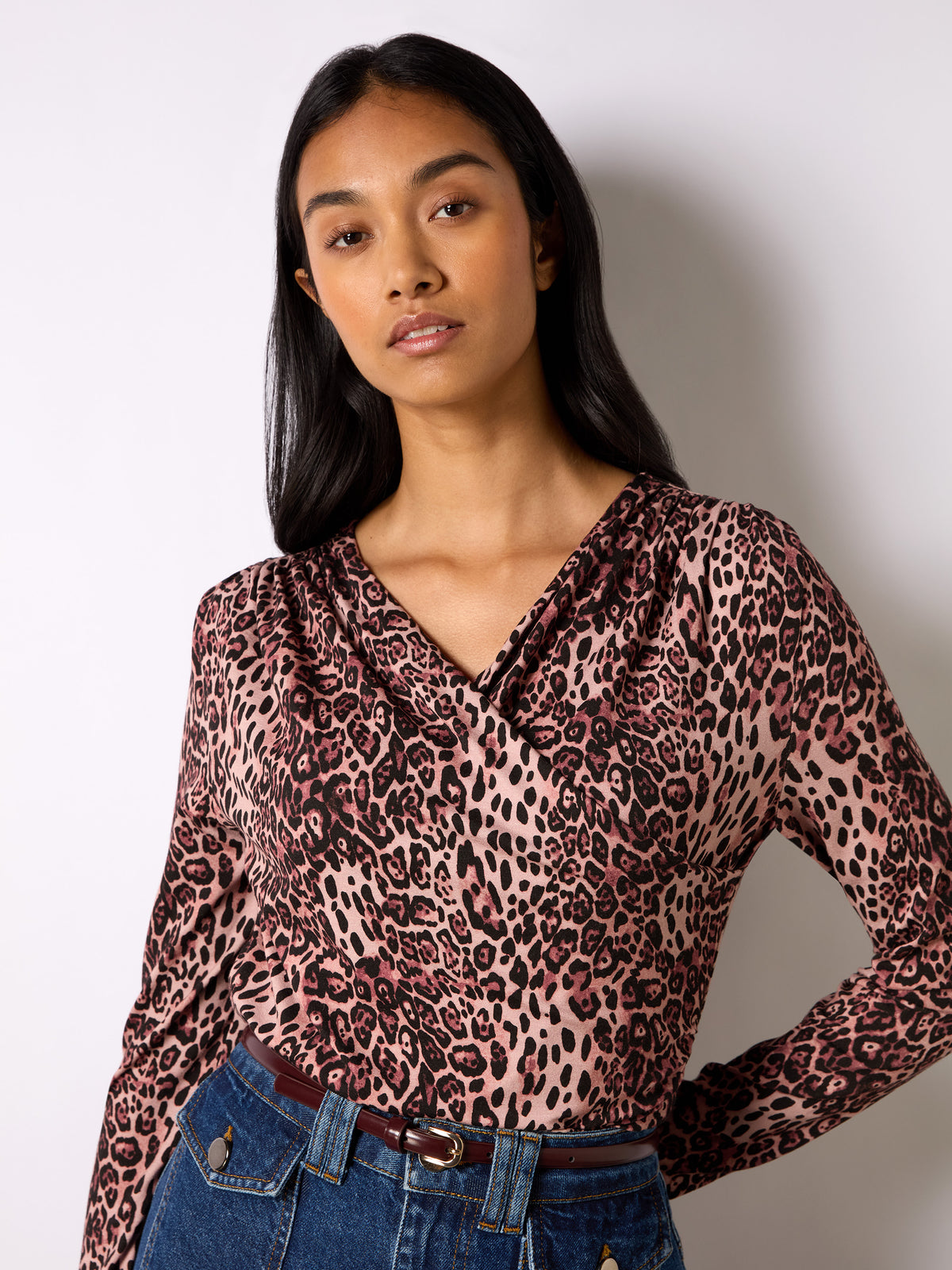 Pink Leopard Print Jersey Drape Front Top