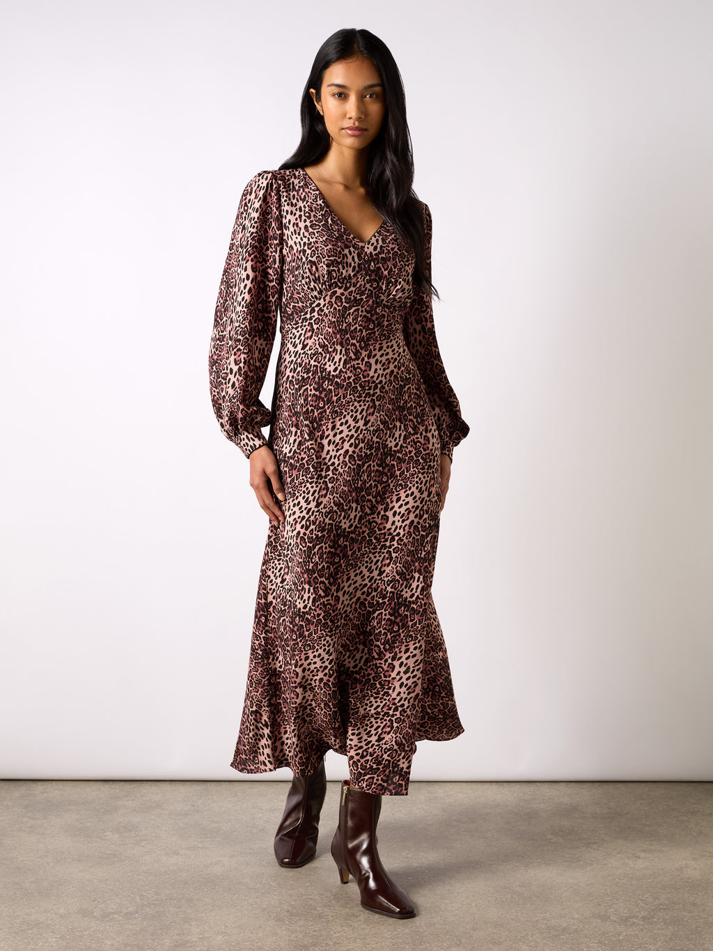 Leopard Print V Neck Midi Dress
