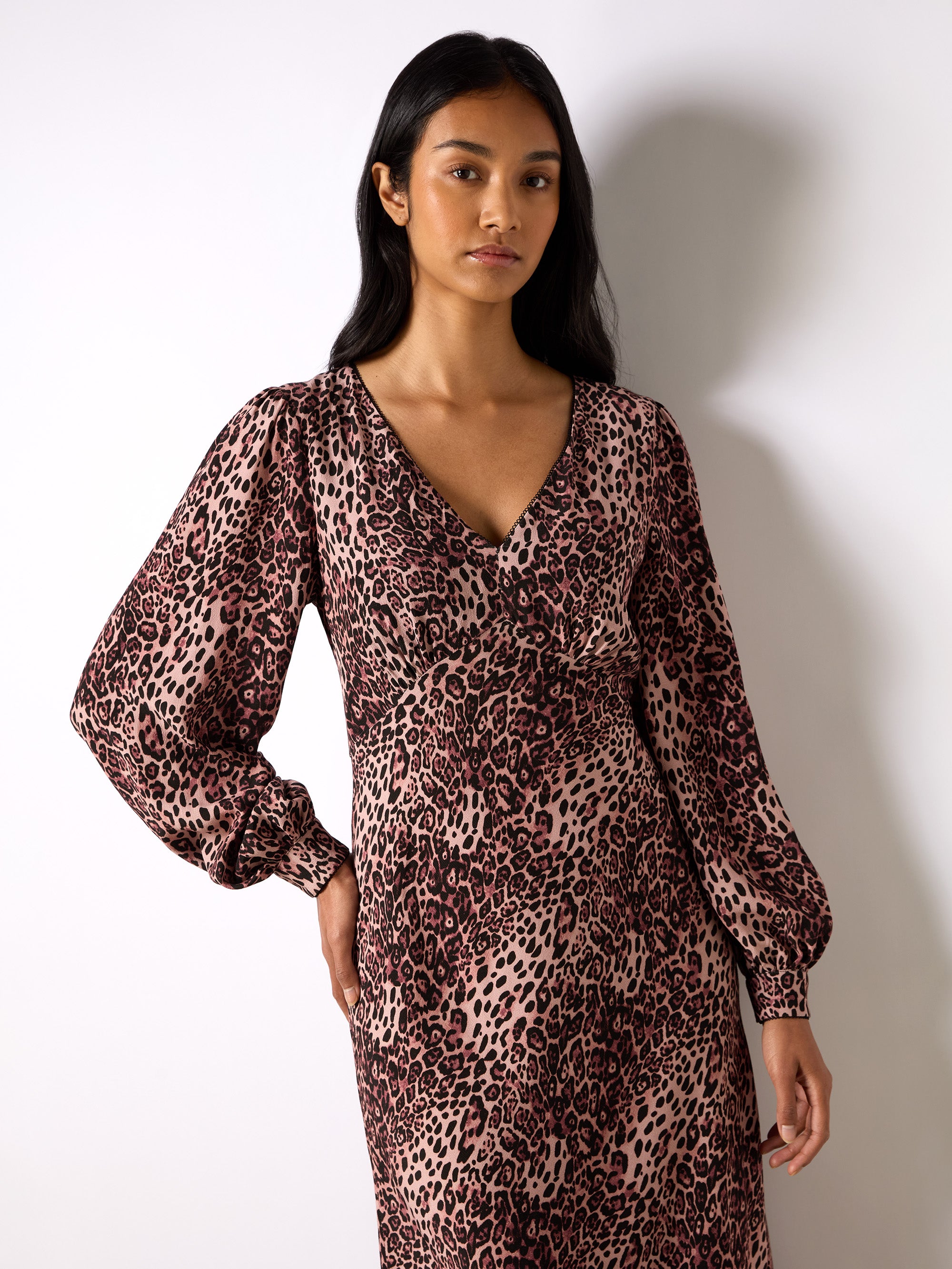 Pink Leopard Print V Neck Midi Dress Ro Zo