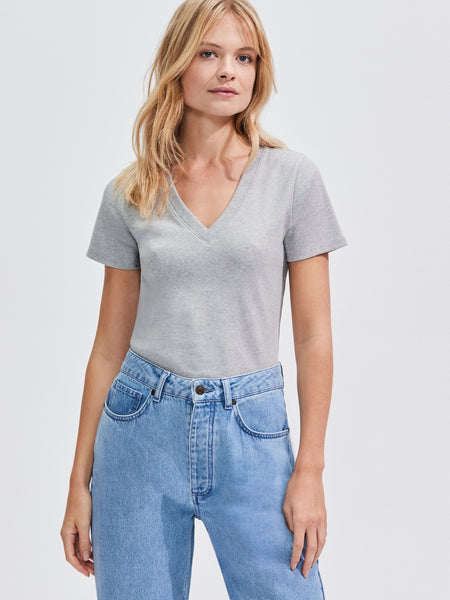Grey-Marl Premium Rib Fitted V-Neck Tee – Ro&Zo