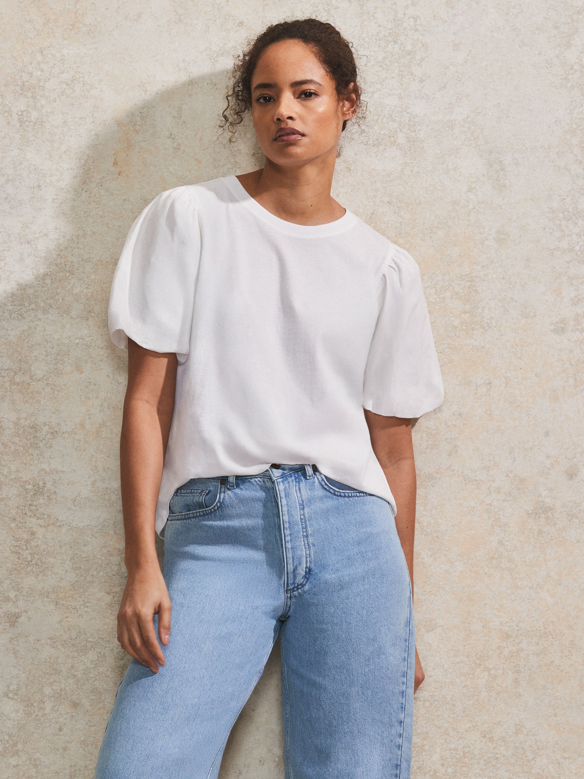 White Pure Cotton Puff-Sleeve T-Shirt