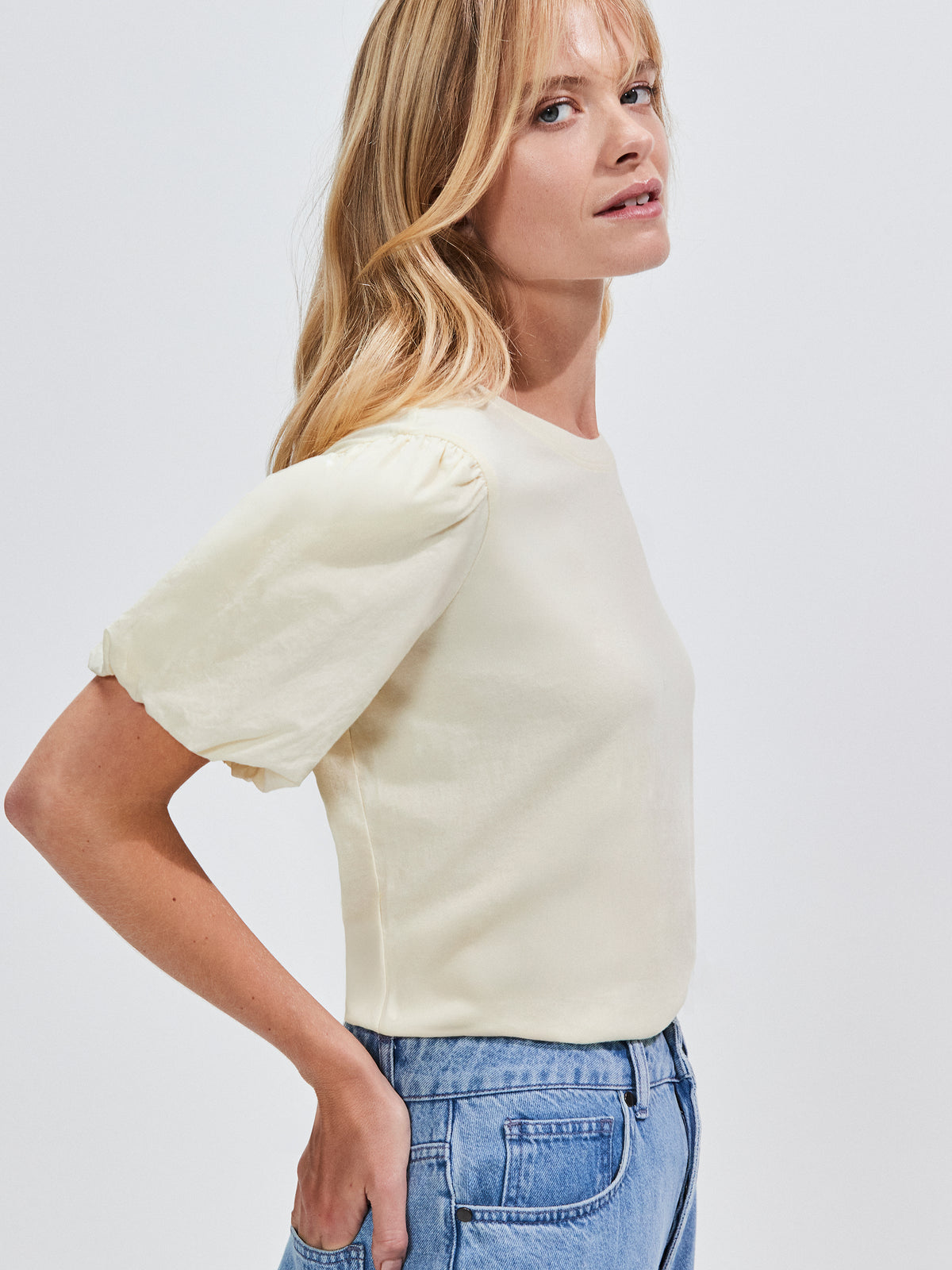 Buttermilk Pure Cotton Puff-Sleeve T-Shirt