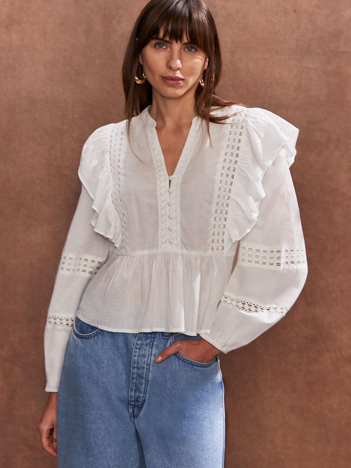 Ivory Crochet-Trim Ruffle-Detail Blouse