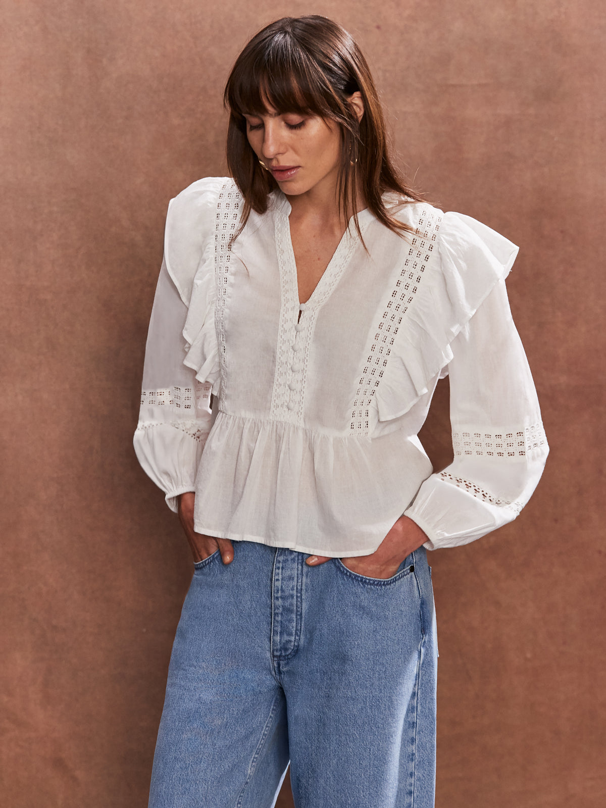 Ivory Crochet-Trim Ruffle-Detail Blouse