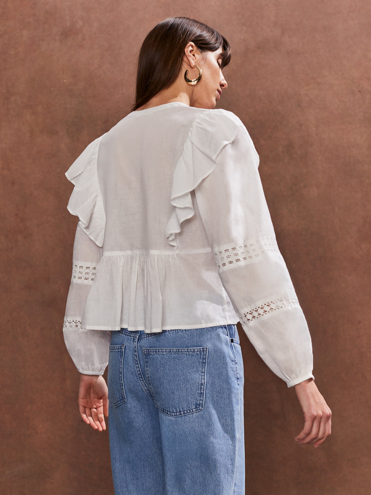 Ivory Crochet-Trim Ruffle-Detail Blouse