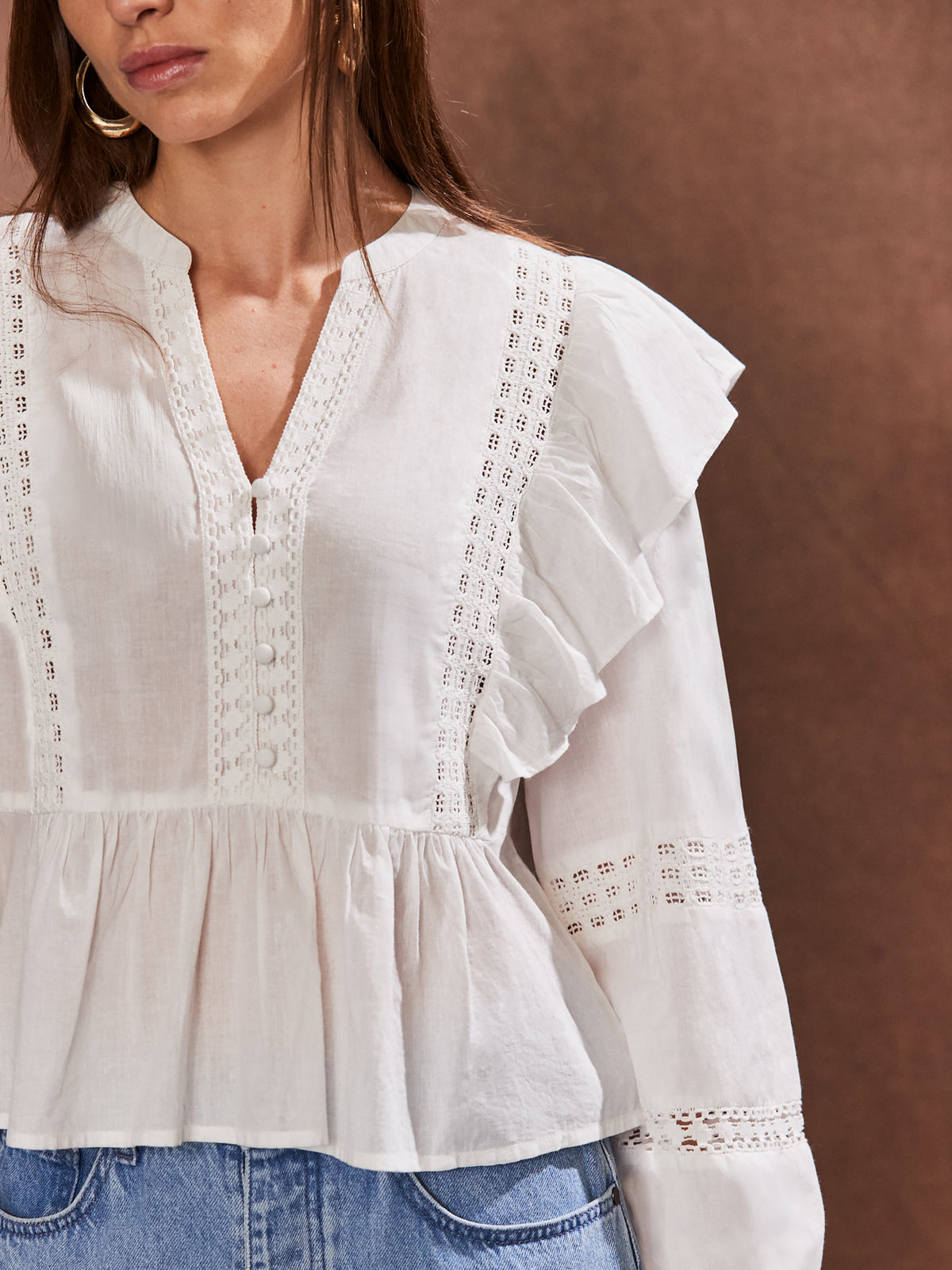 Ivory Crochet-Trim Ruffle-Detail Blouse