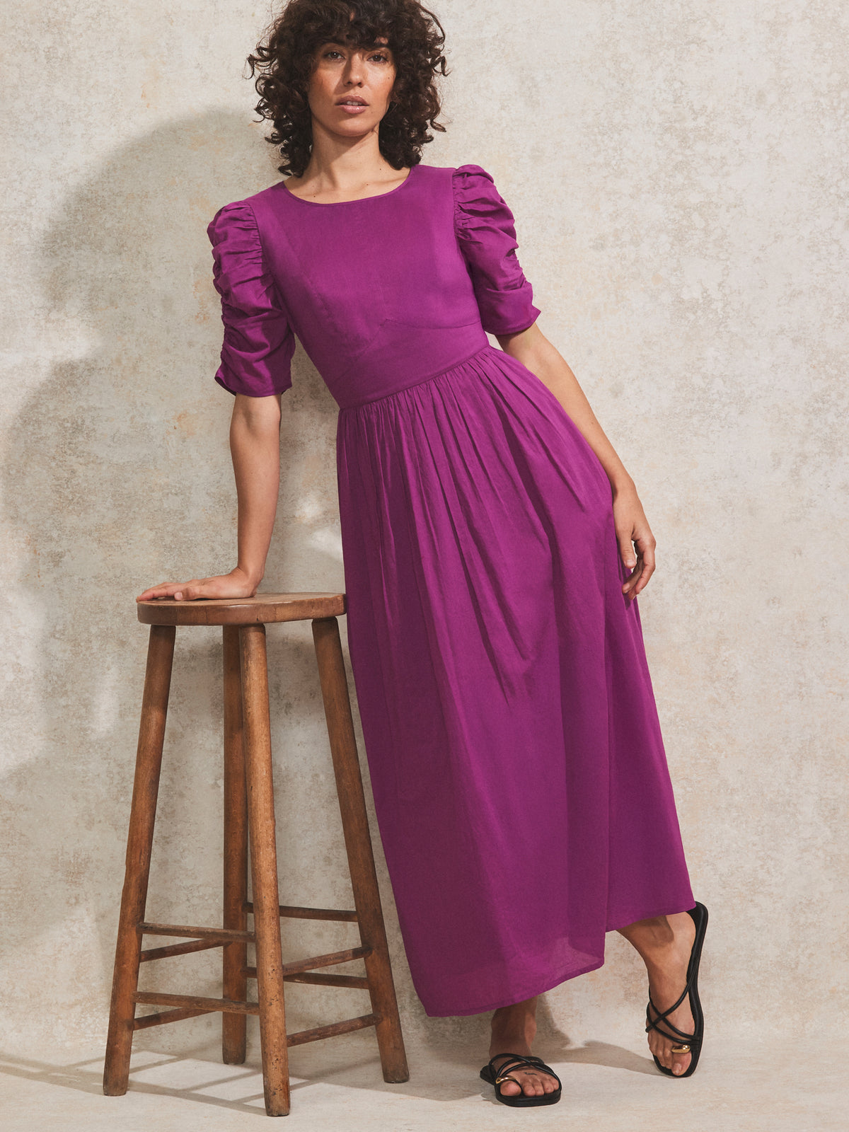 Magenta Gathered-Sleeve Cotton Midi Dress