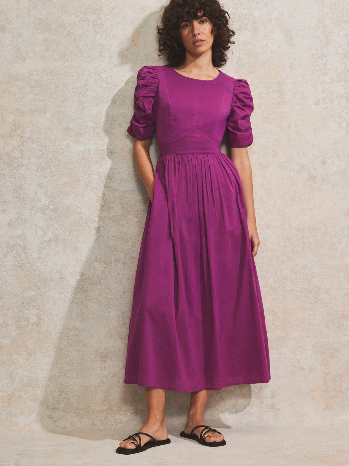 Magenta Gathered-Sleeve Cotton Midi Dress