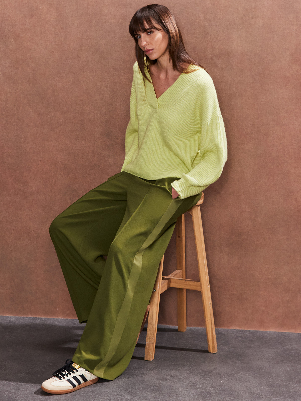 Petite Olive Satin Side Stripe Trousers