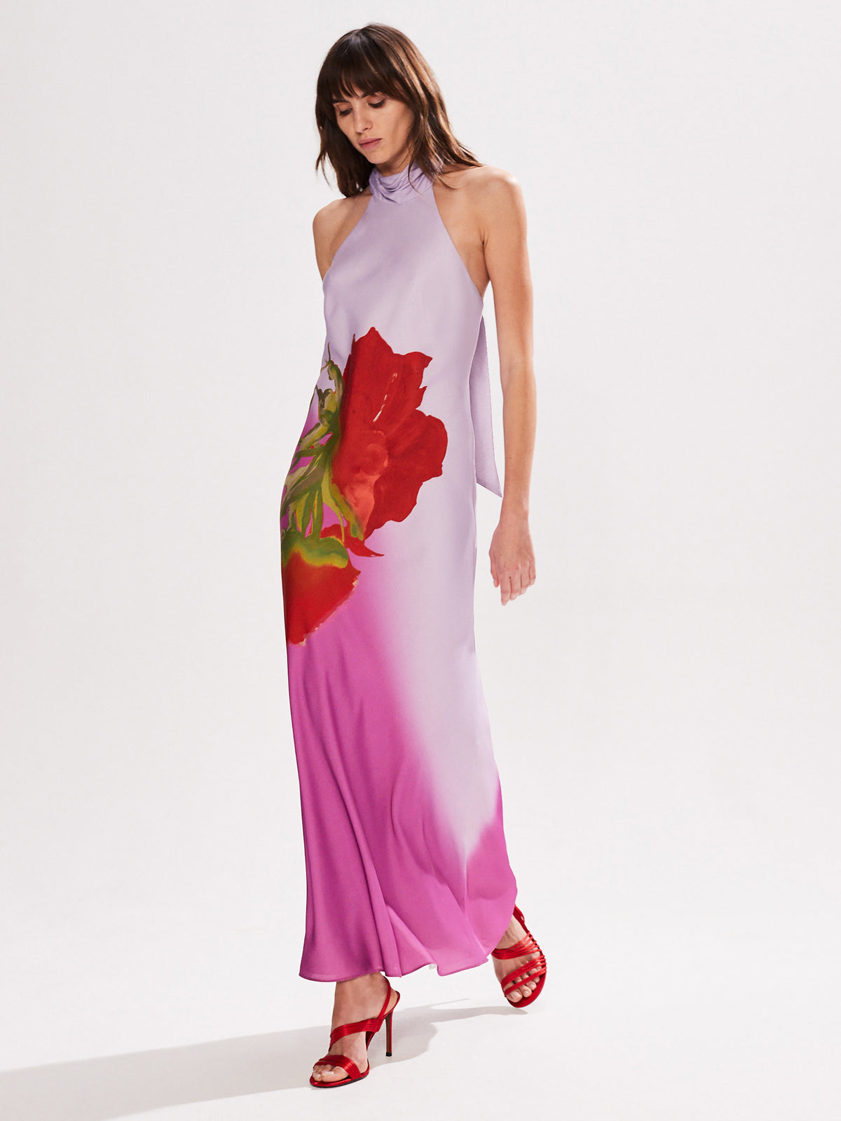 Margot Pink Rose Print Halter Neck Dress