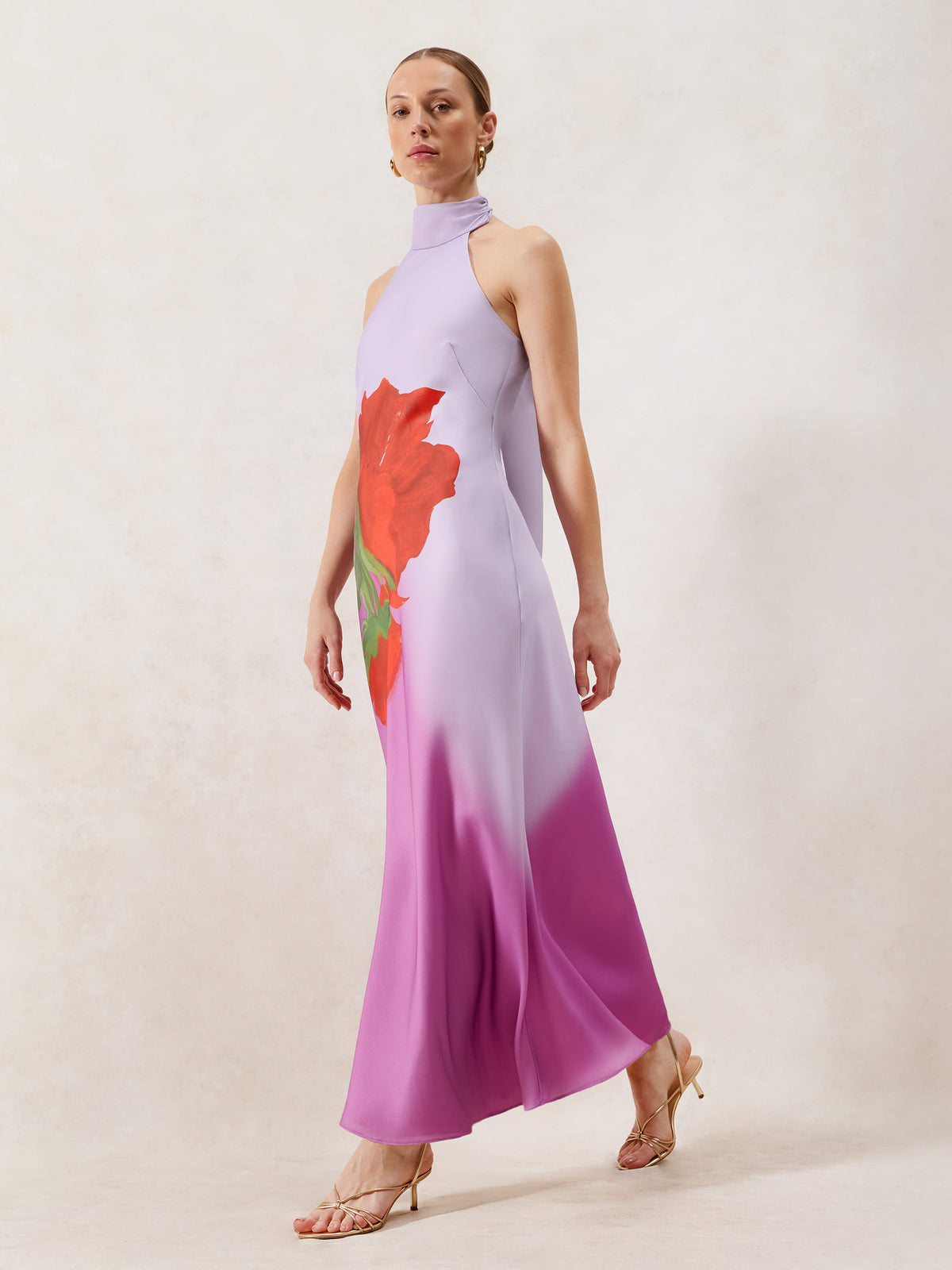 Margot Pink Rose Print Halter Neck Dress