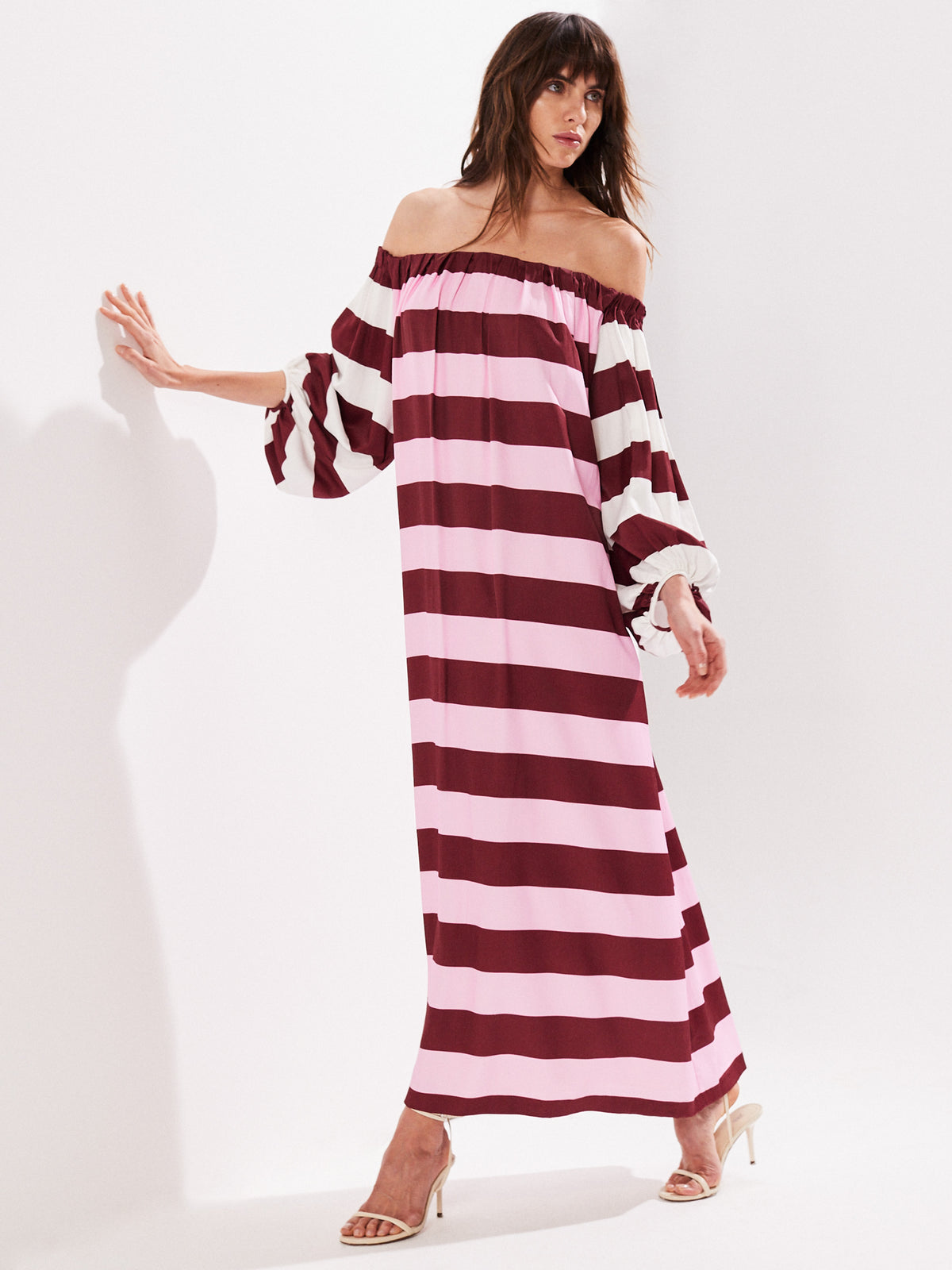 Gigi Pink Striped Bardot Maxi Dress