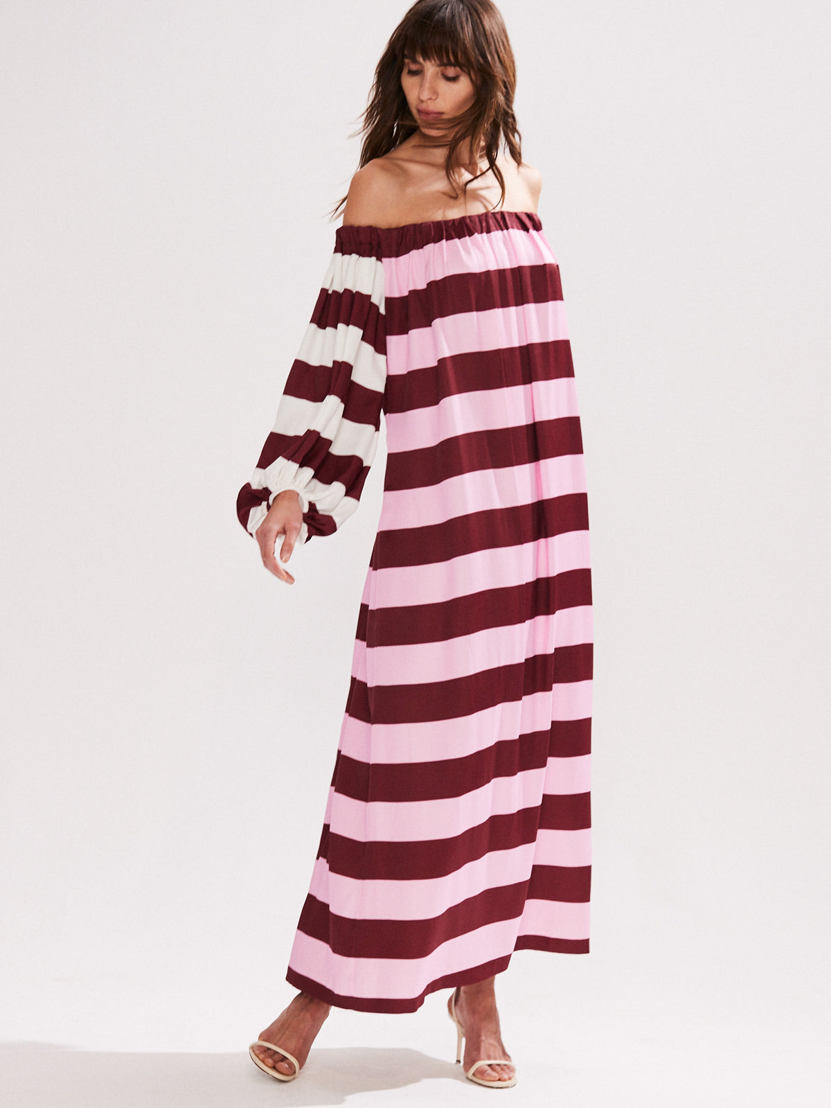 Gigi Pink Striped Bardot Maxi Dress