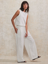 Ivory Pinstripe Linen-Blend Wide-Leg Trousers