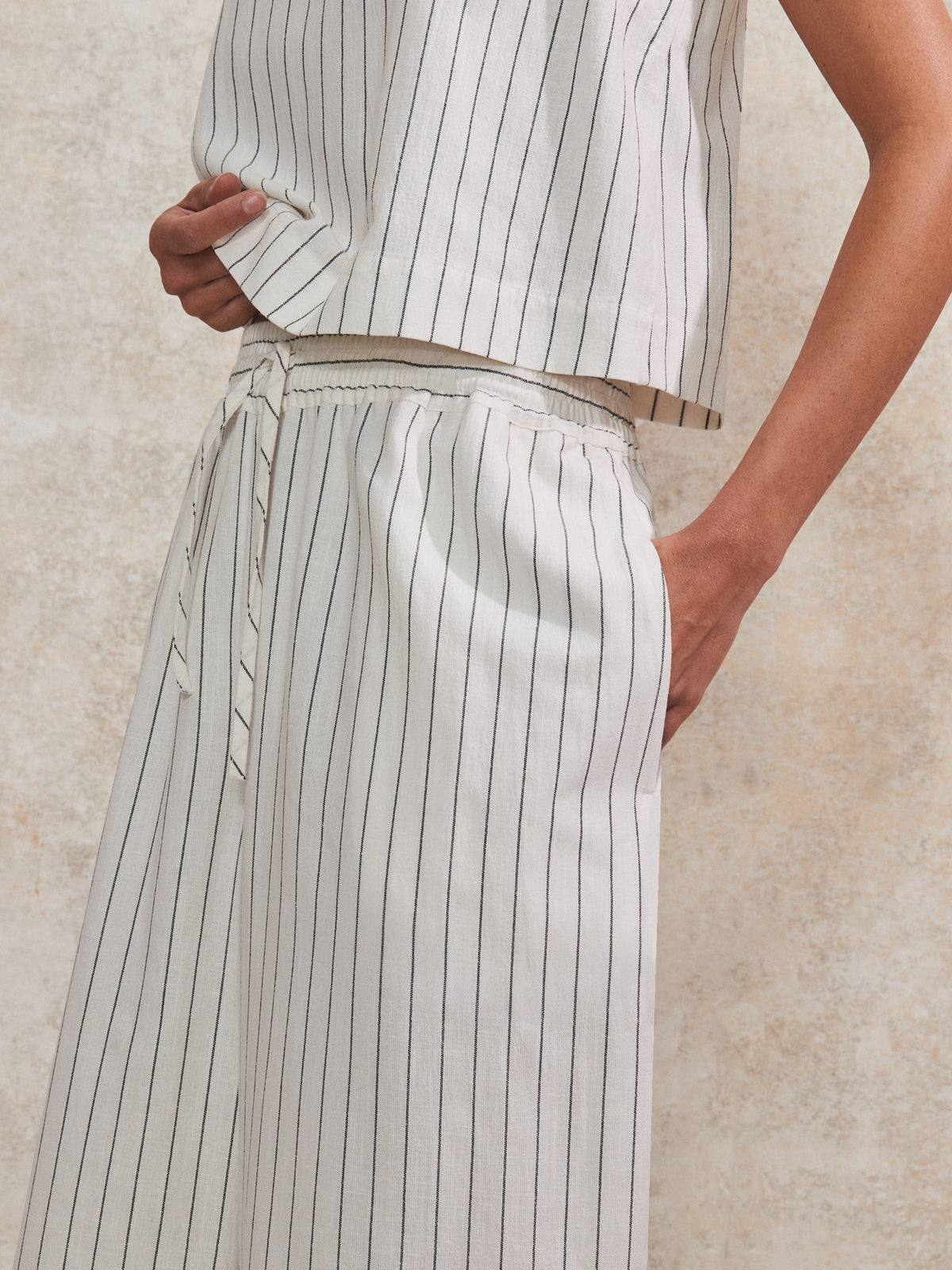 Ivory Pinstripe Linen-Blend Wide-Leg Trousers