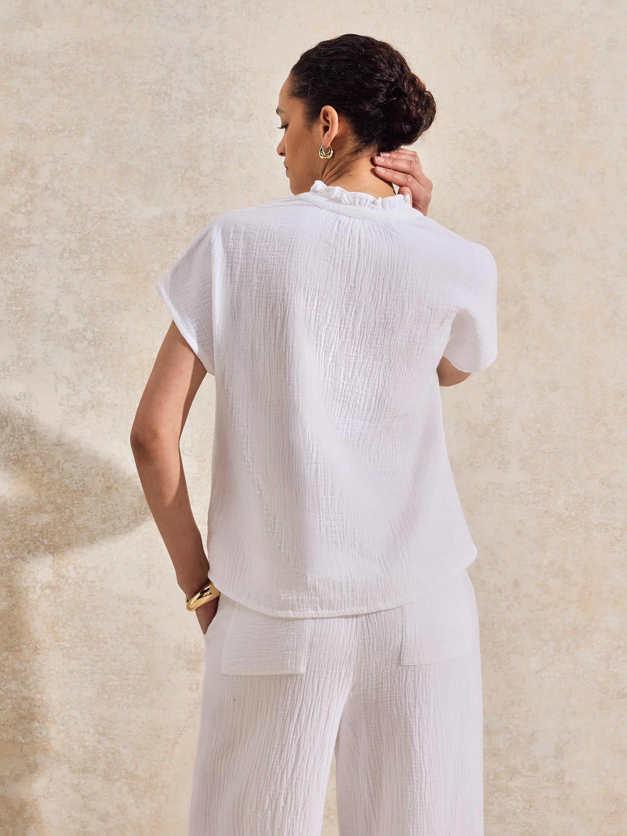 White Frill-Detail V-Neck Cheesecloth Top – Ro&Zo