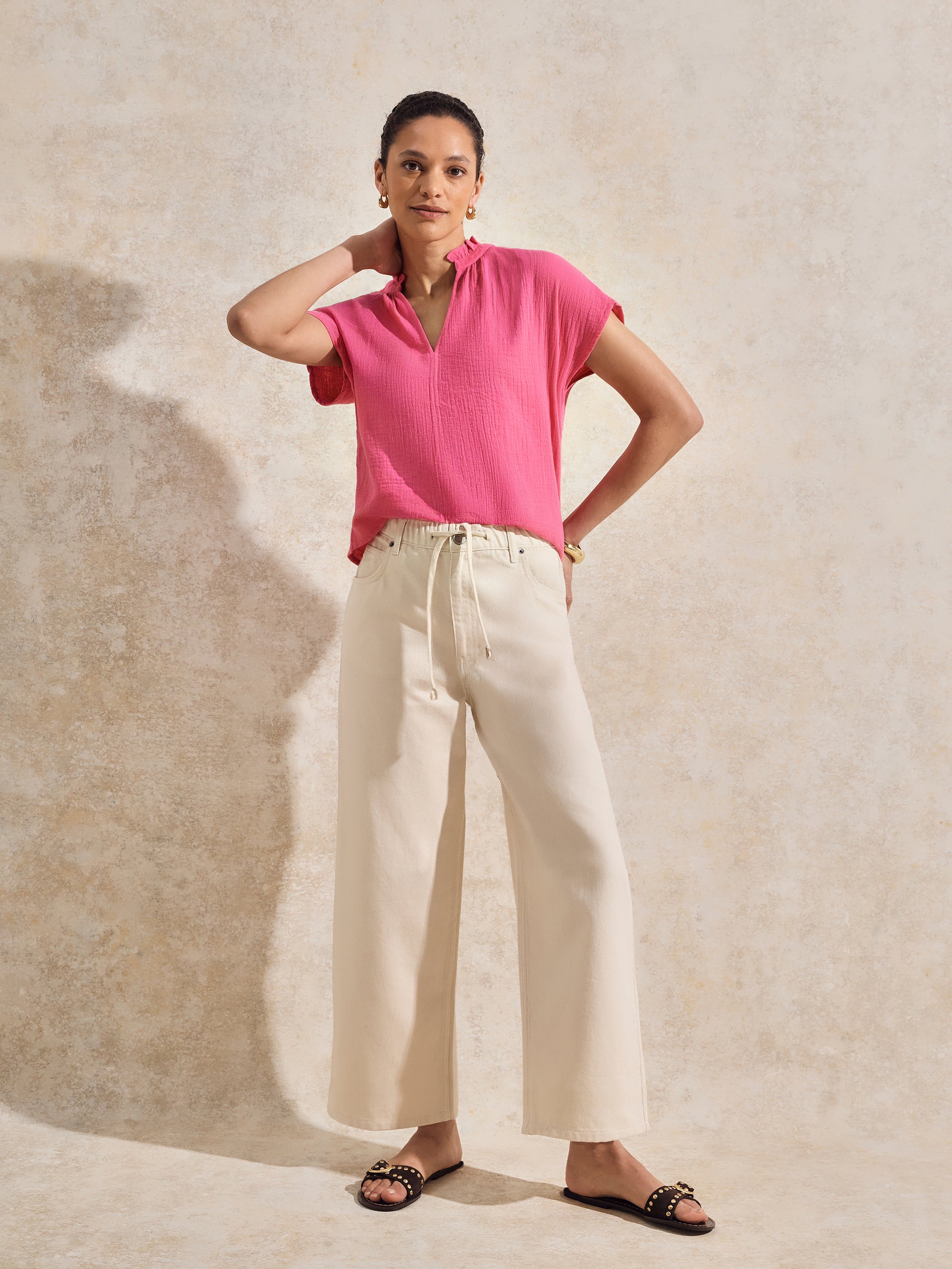 【THE MOZZ】[Premium] Whole Garment Rica V-neck Setup White Frill-Detail V-Neck Cheesecloth Top – Ro&Zo