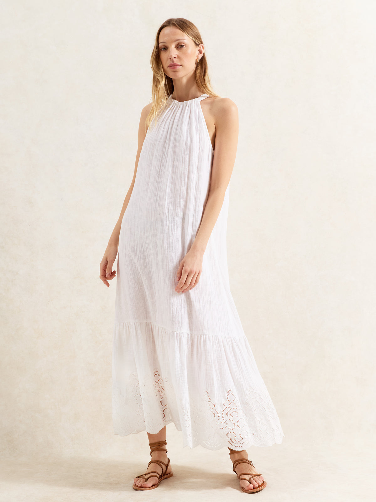White Broderie Hem Cheesecloth Maxi Dress