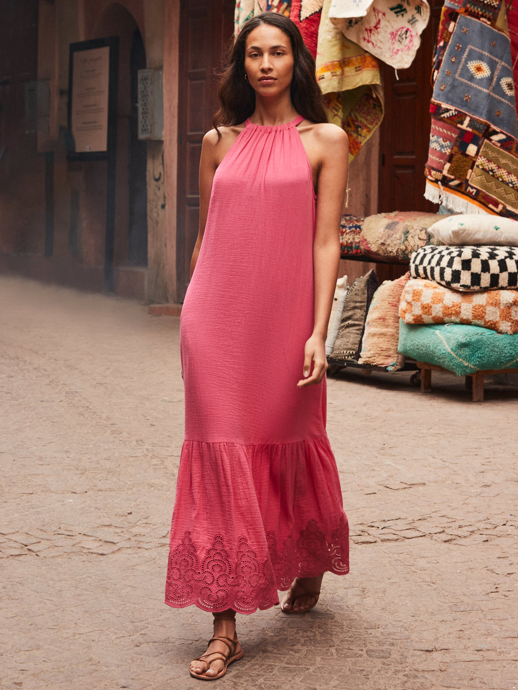 Broderie Hem Cheesecloth Maxi Dress