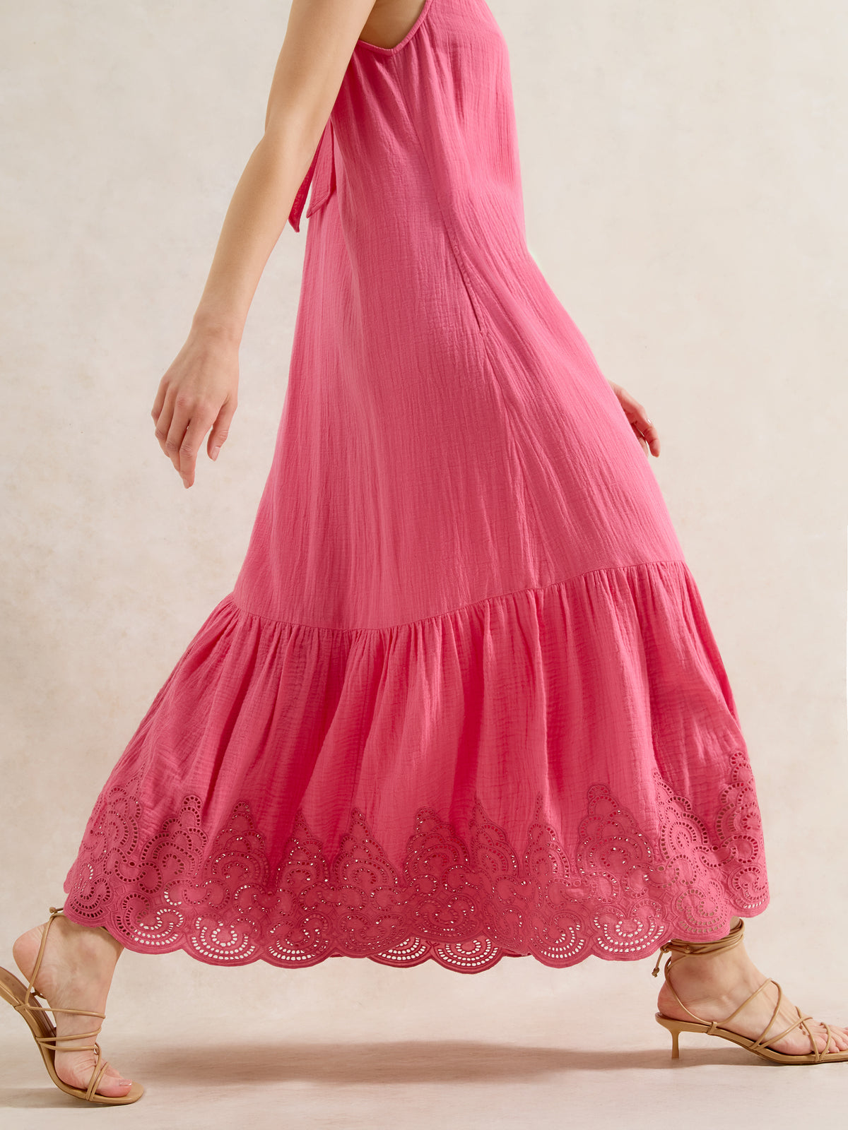Pink Broderie Hem Cheesecloth Maxi Dress