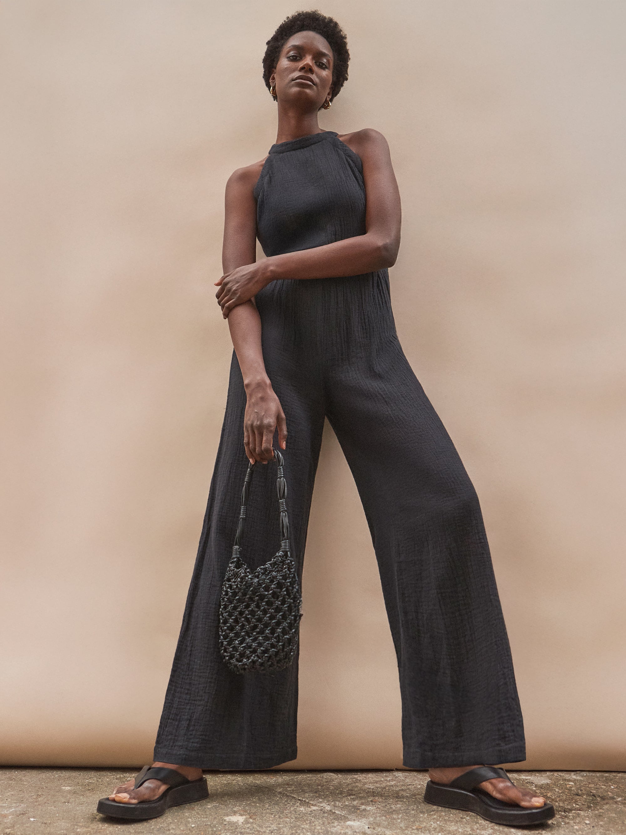 Black Shirred Waist Cheesecloth Jumpsuit | Ro&Zo