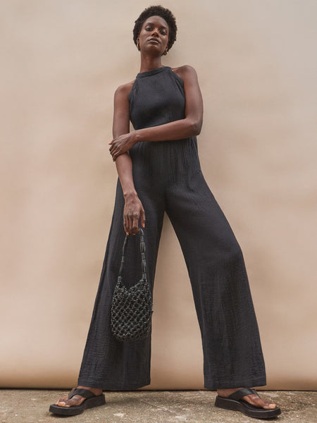 Black Shirred Waist Cheesecloth Jumpsuit | Ro&Zo