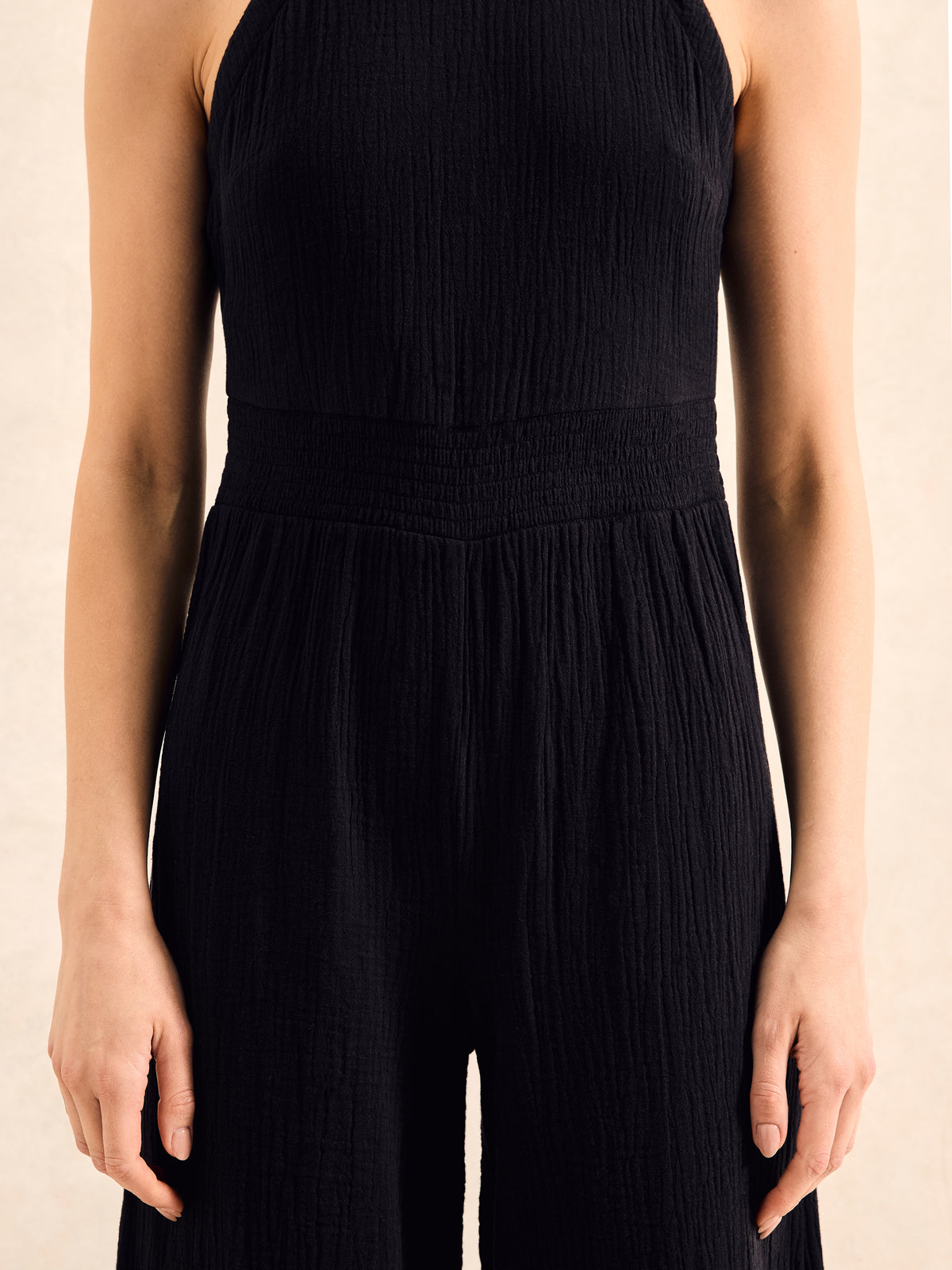 Black Shirred Waist Cheesecloth Jumpsuit
