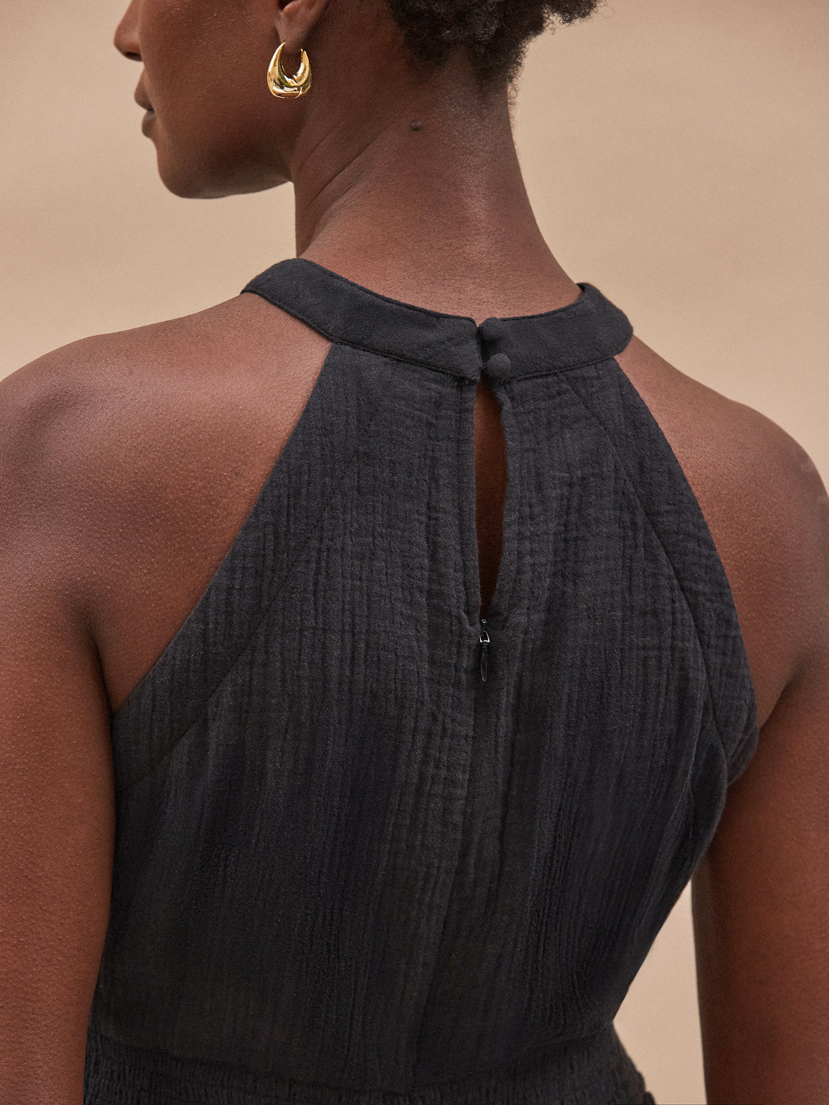 Black Shirred Waist Cheesecloth Jumpsuit