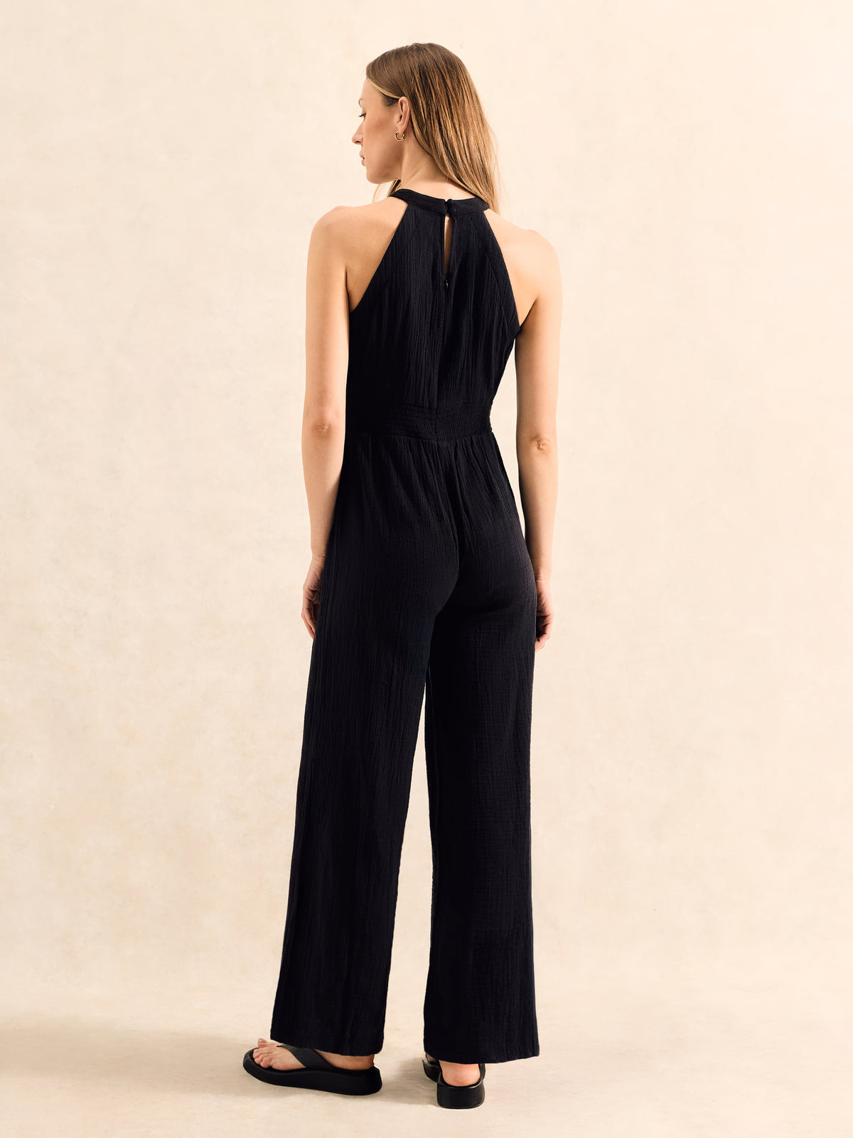 Petite Black Shirred Waist Cheesecloth Jumpsuit