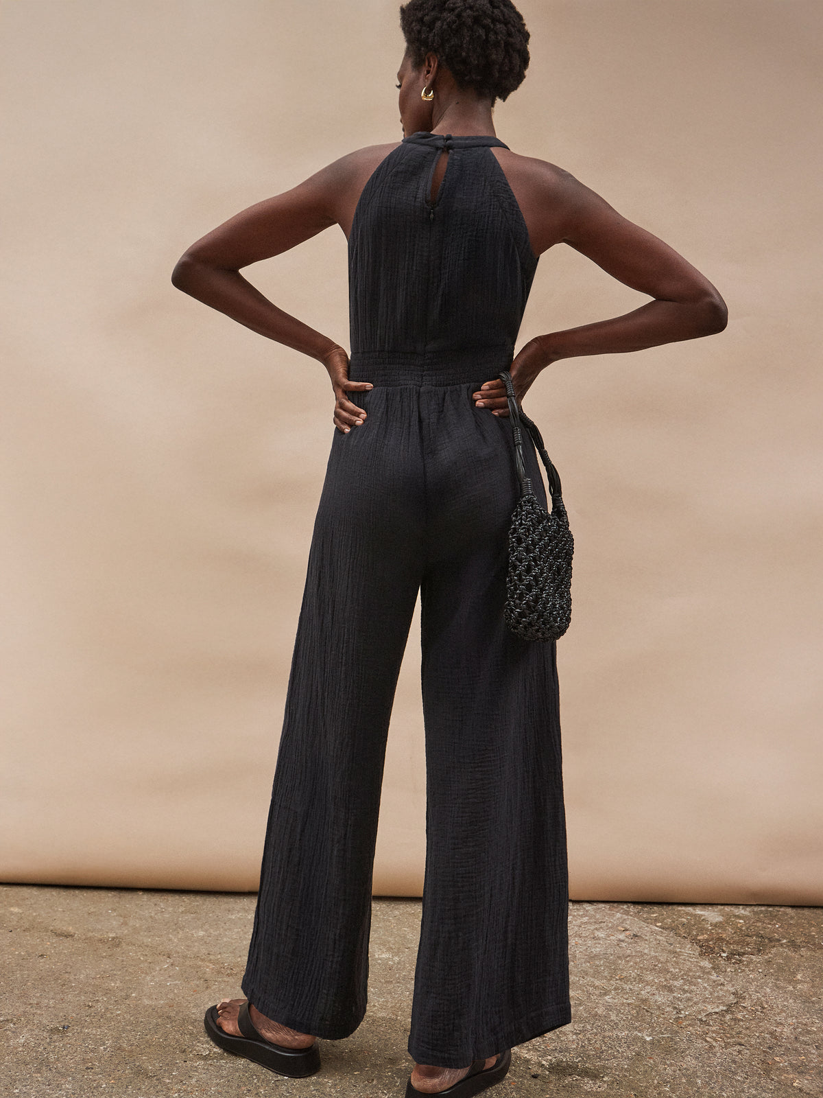 Black Shirred Waist Cheesecloth Jumpsuit
