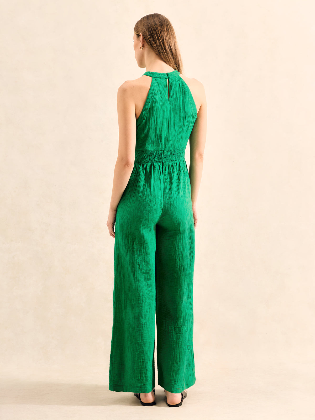Green Shirred Waist Cheesecloth Jumpsuit