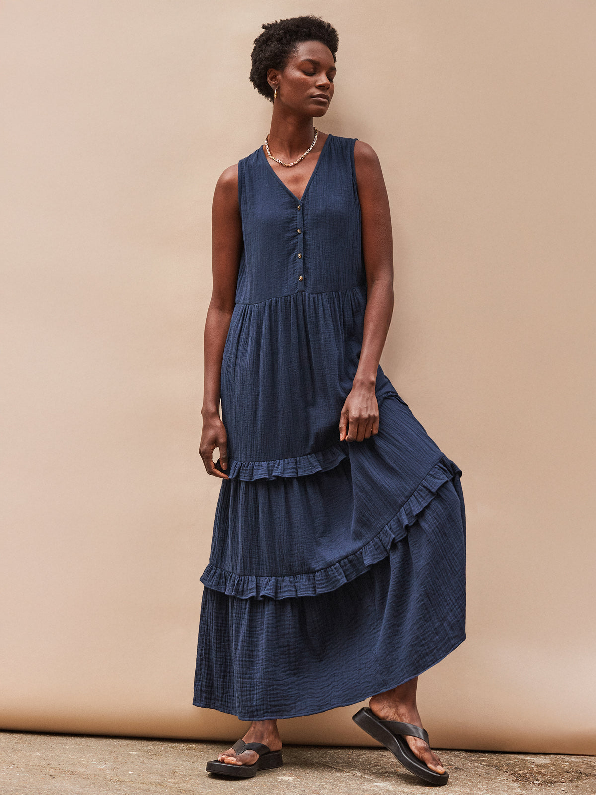 Navy V-Neck Cheesecloth Midaxi Dress