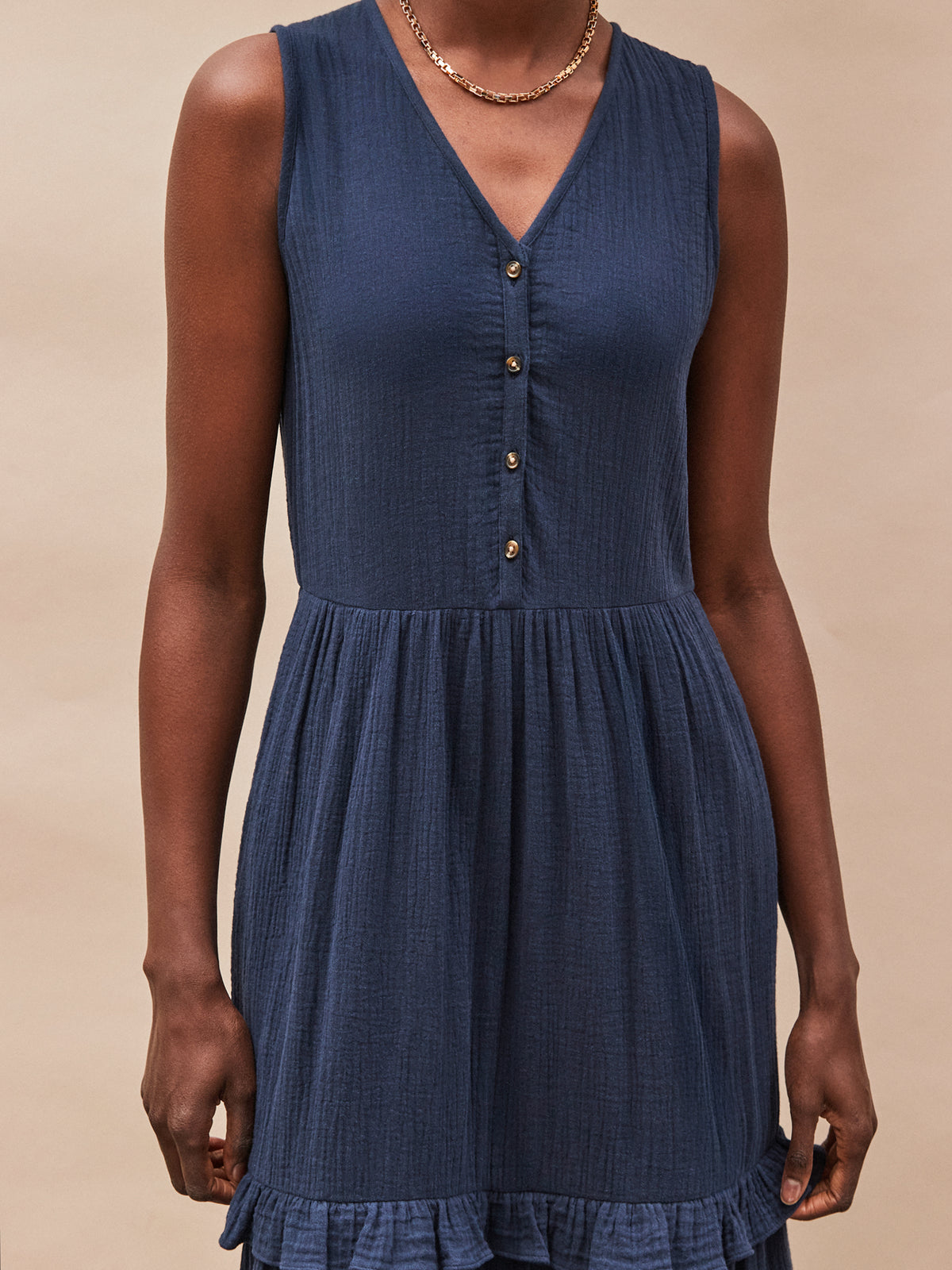 Navy V-Neck Cheesecloth Midaxi Dress
