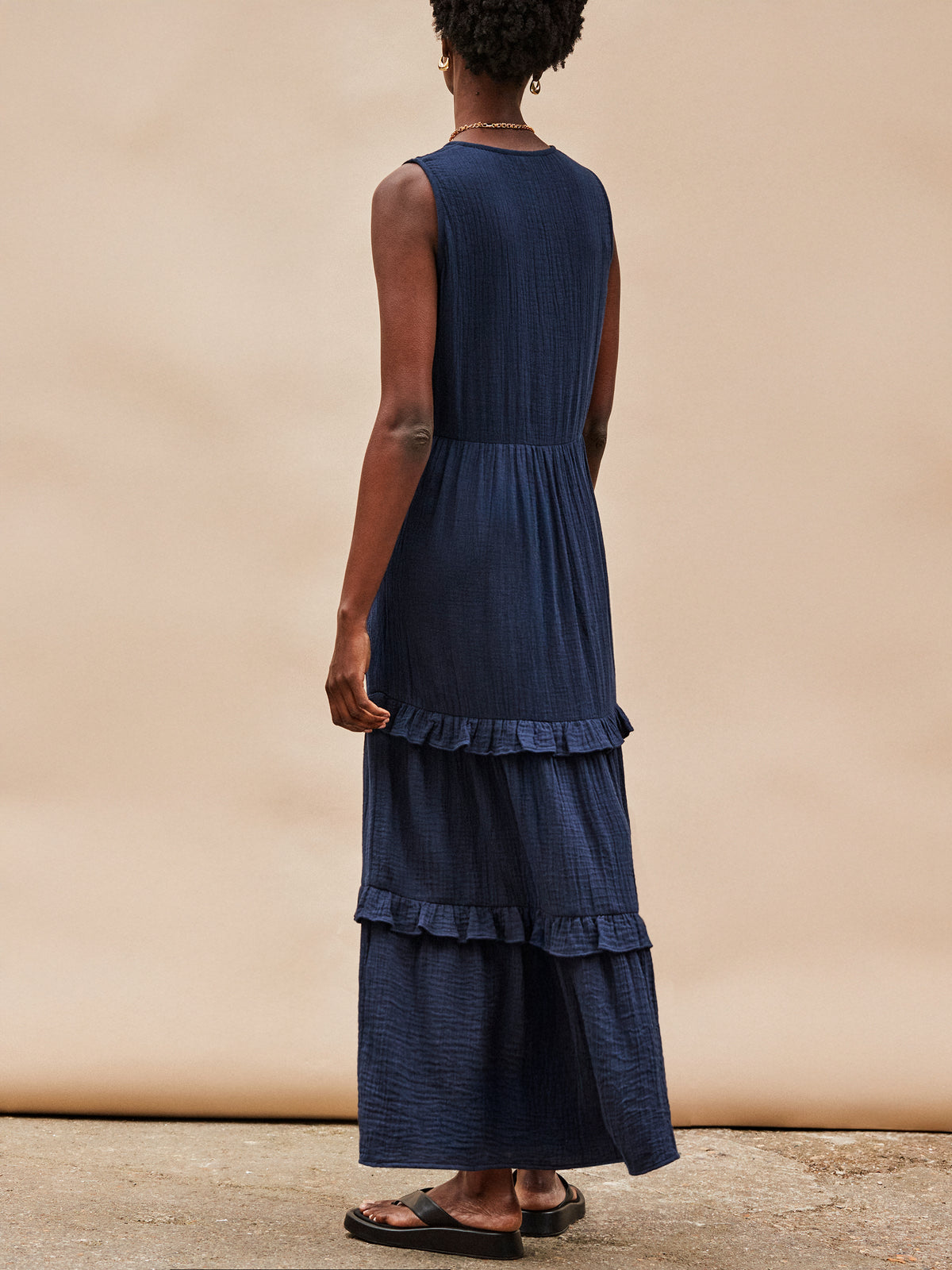 Navy V-Neck Cheesecloth Midaxi Dress