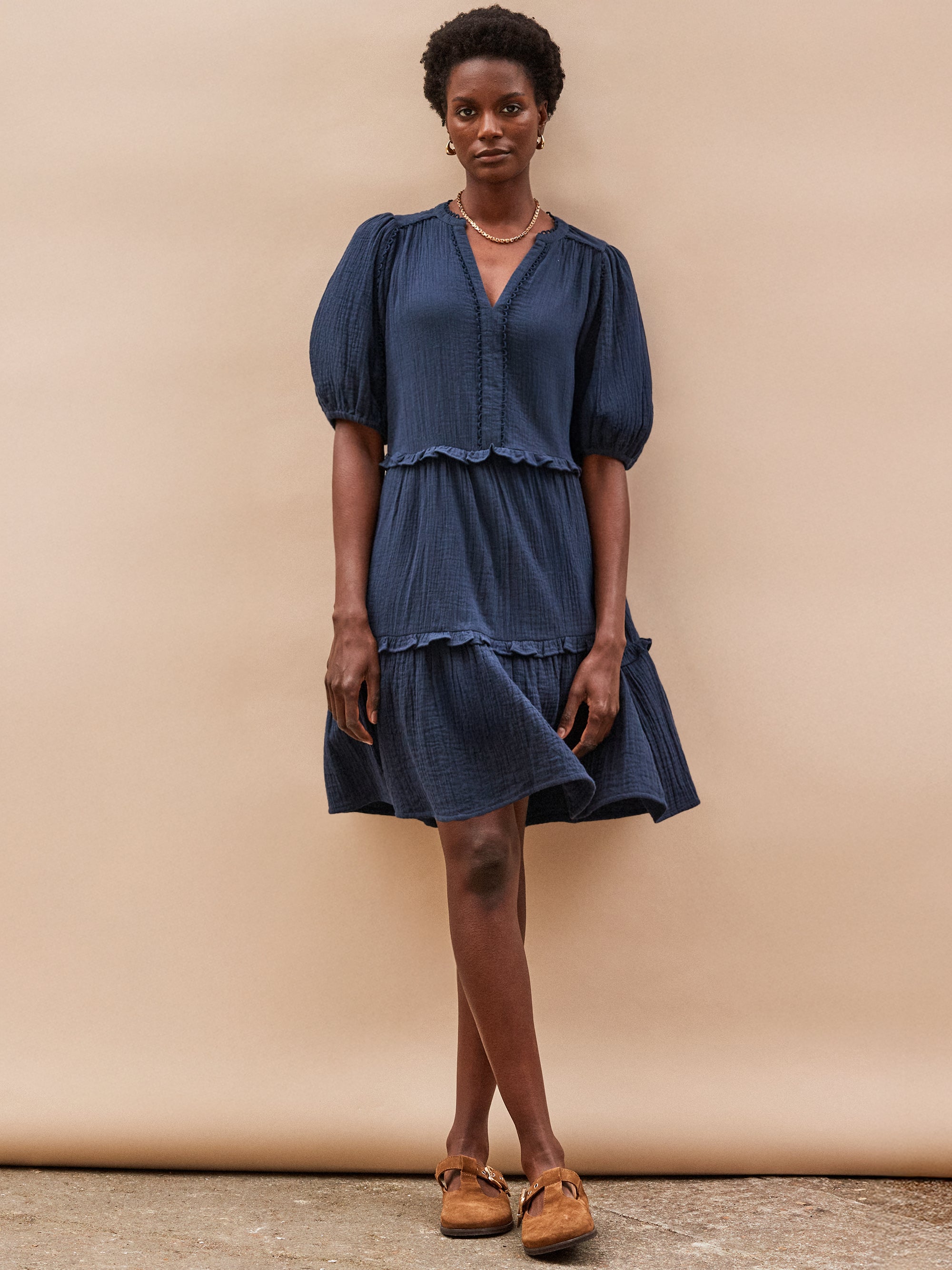 Petite Navy Frill-Detail Cheesecloth Mini Dress – Ro&Zo