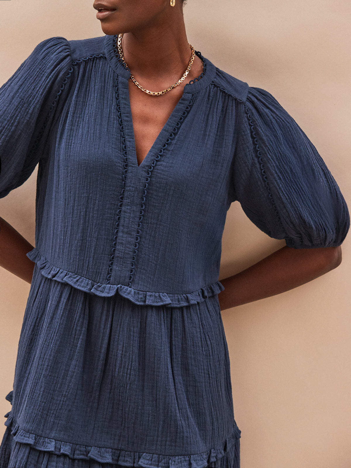 Petite Navy Frill-Detail Cheesecloth Mini Dress