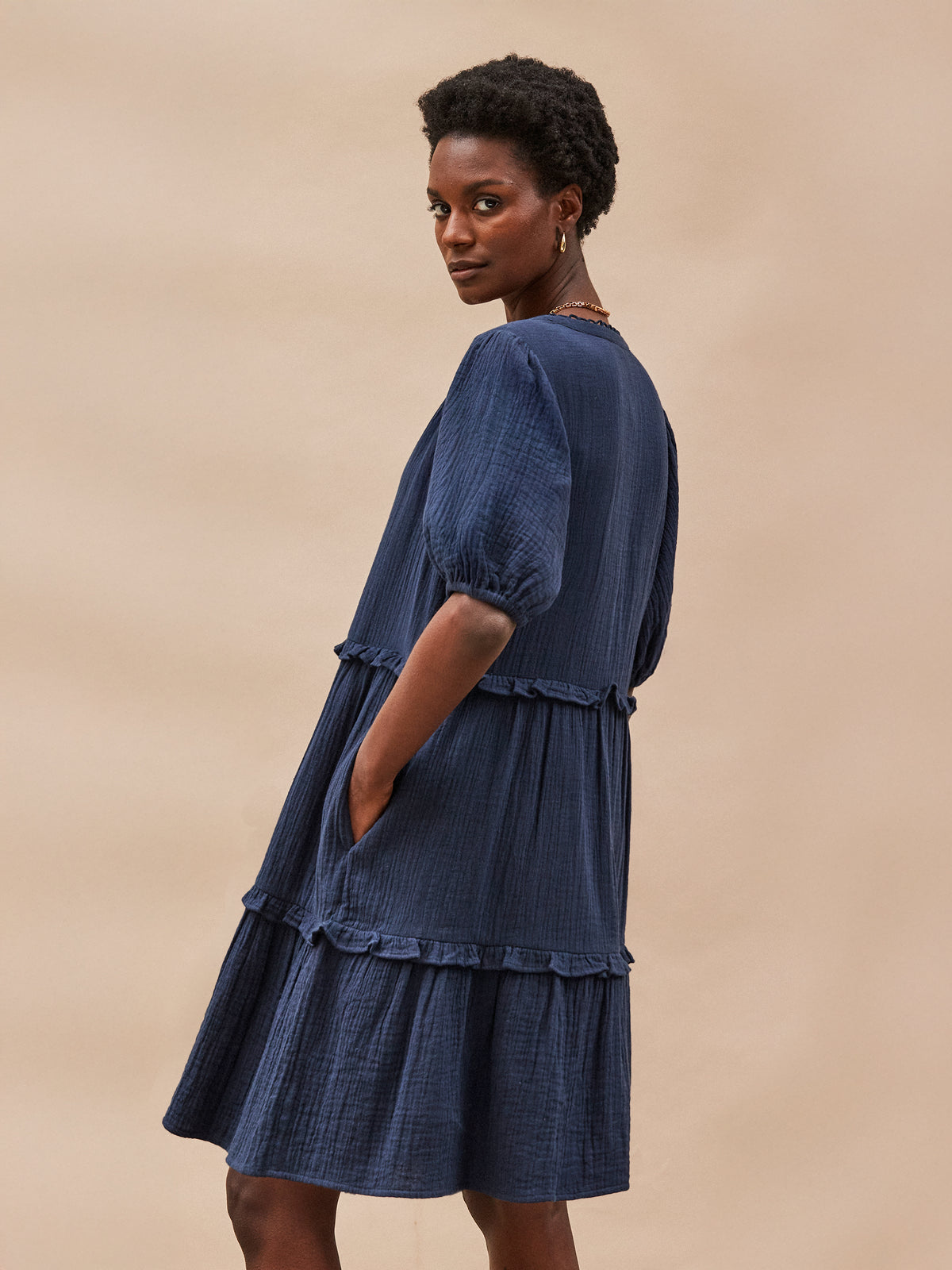 Petite Navy Frill-Detail Cheesecloth Mini Dress