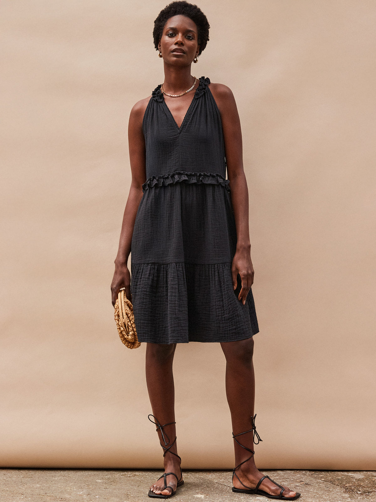 Petite Black Frill-Detail Halterneck Cheesecloth Mini Dress