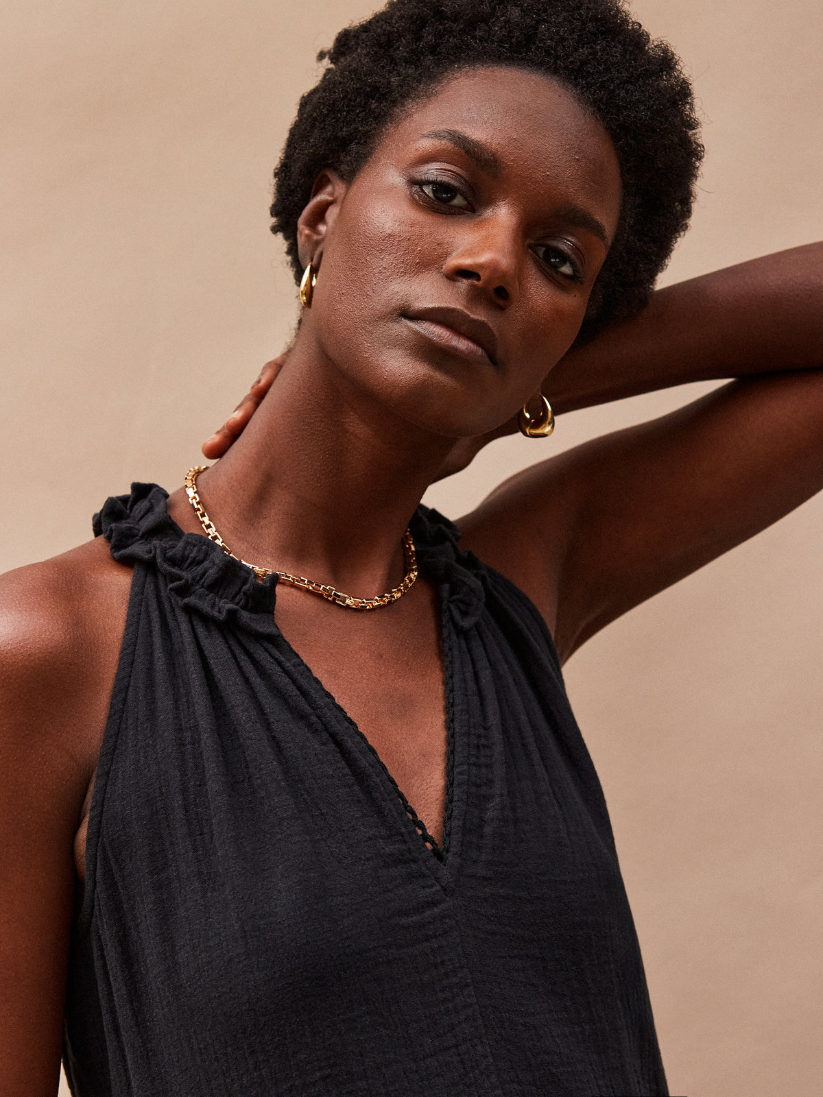Petite Black Frill-Detail Halterneck Cheesecloth Mini Dress