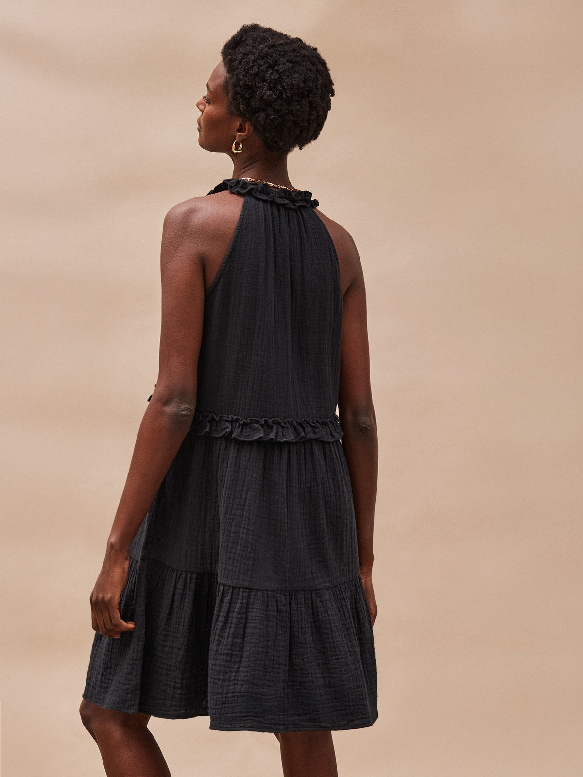 Petite Black Frill-Detail Halterneck Cheesecloth Mini Dress