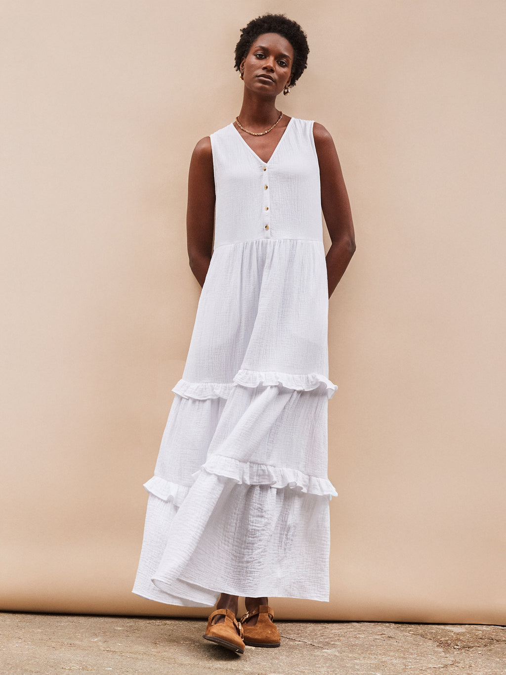 V Neck Cheesecloth Midaxi Dress