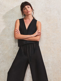 Black V-Neck Linen-Blend Top