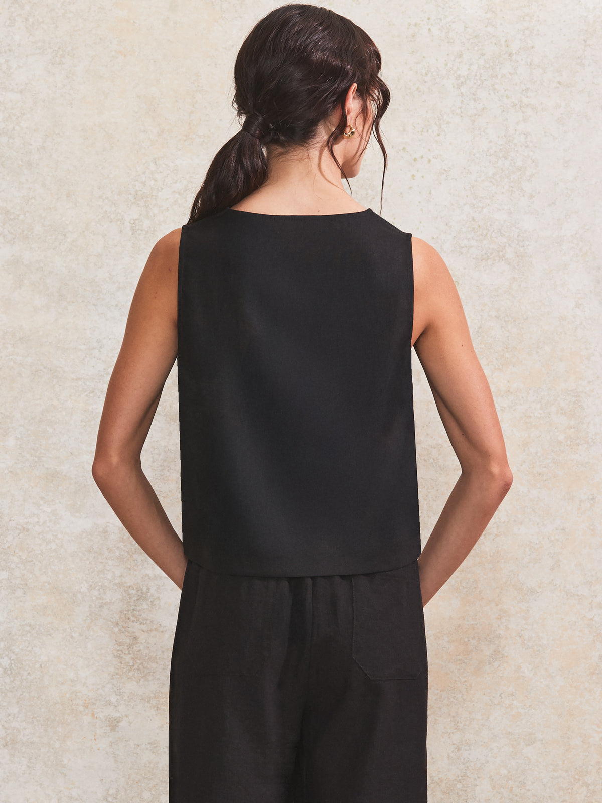 Black V-Neck Linen-Blend Top