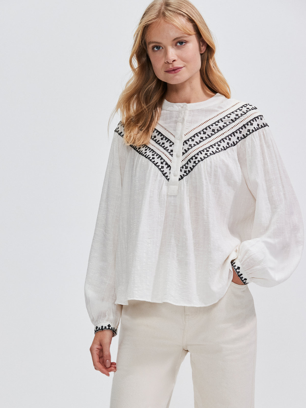 Ivory Embroidered Collarless Blouse