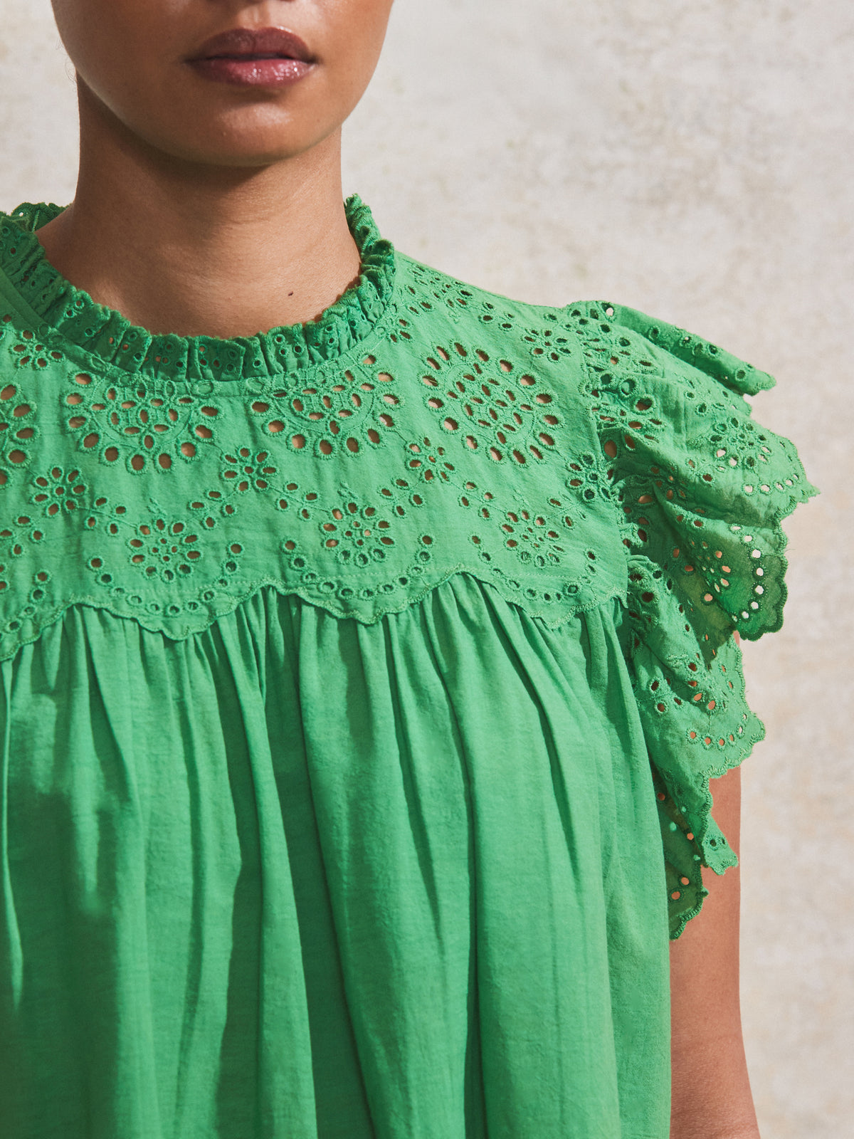 Green Broderie Flutter Sleeve Top