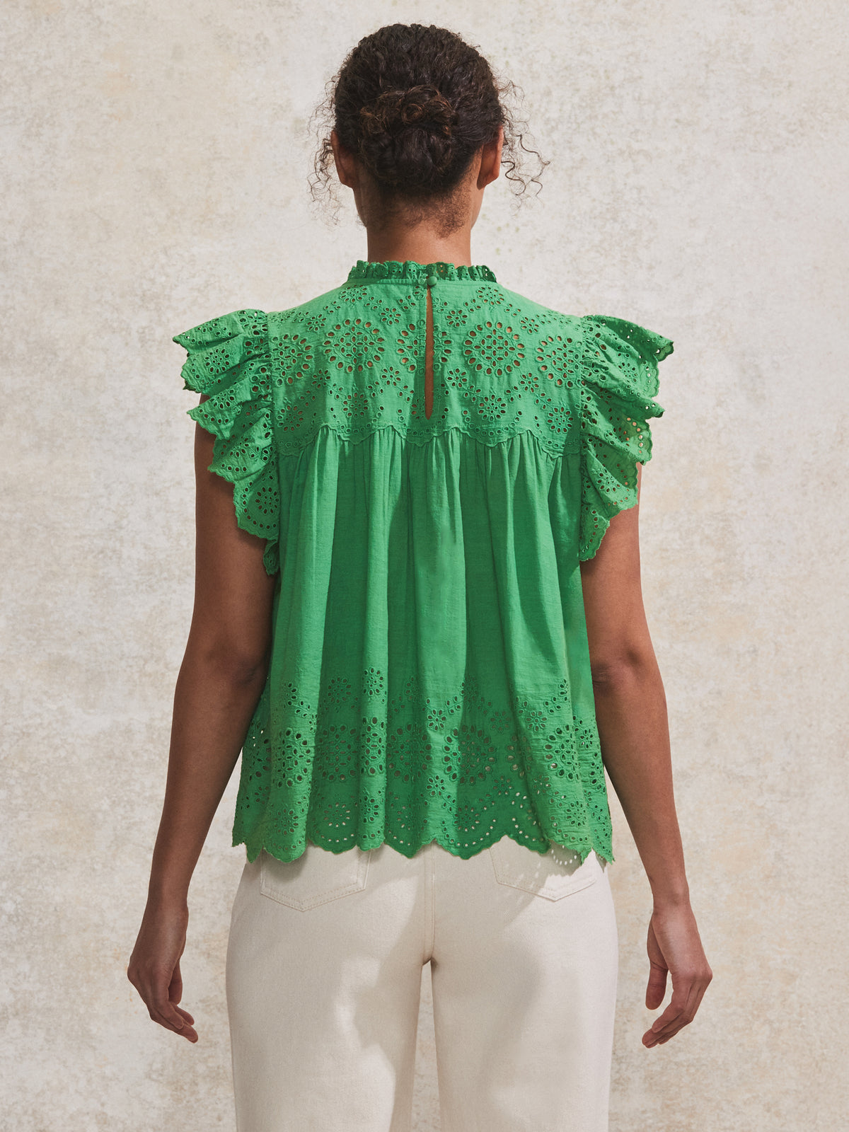 Green Broderie Flutter Sleeve Top