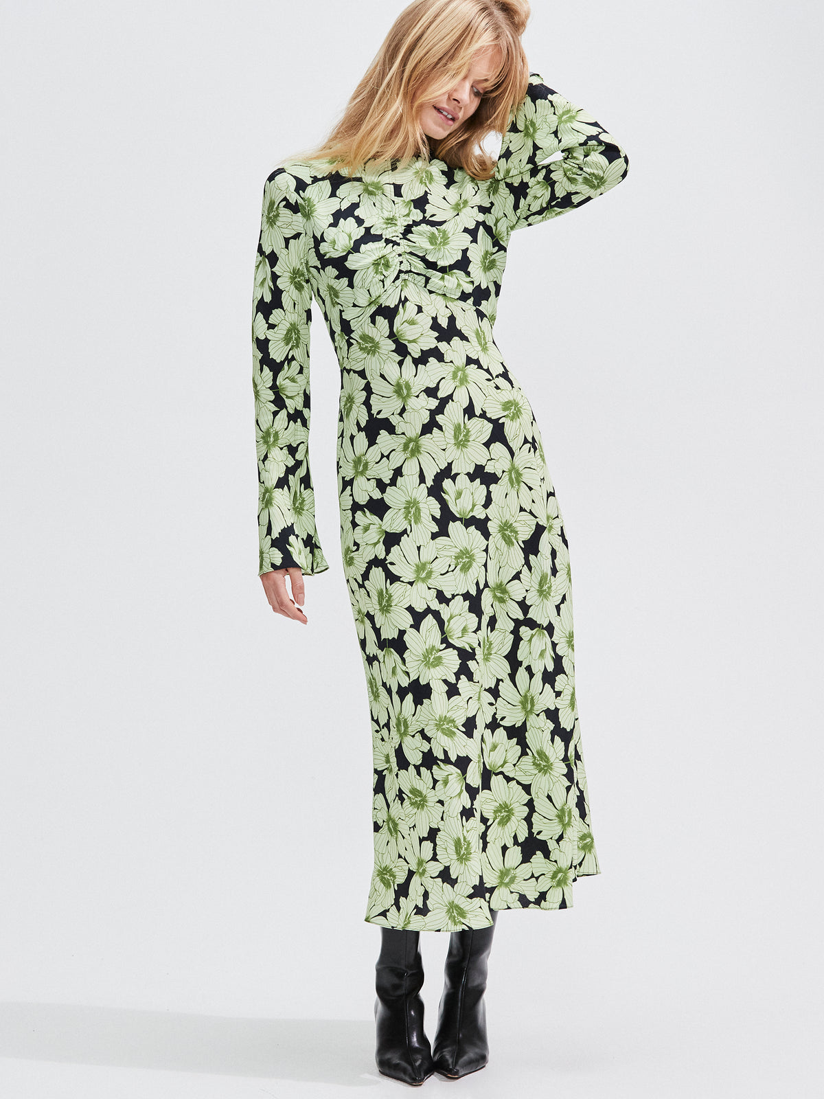 Petite Green Floral Flute Sleeve Dress