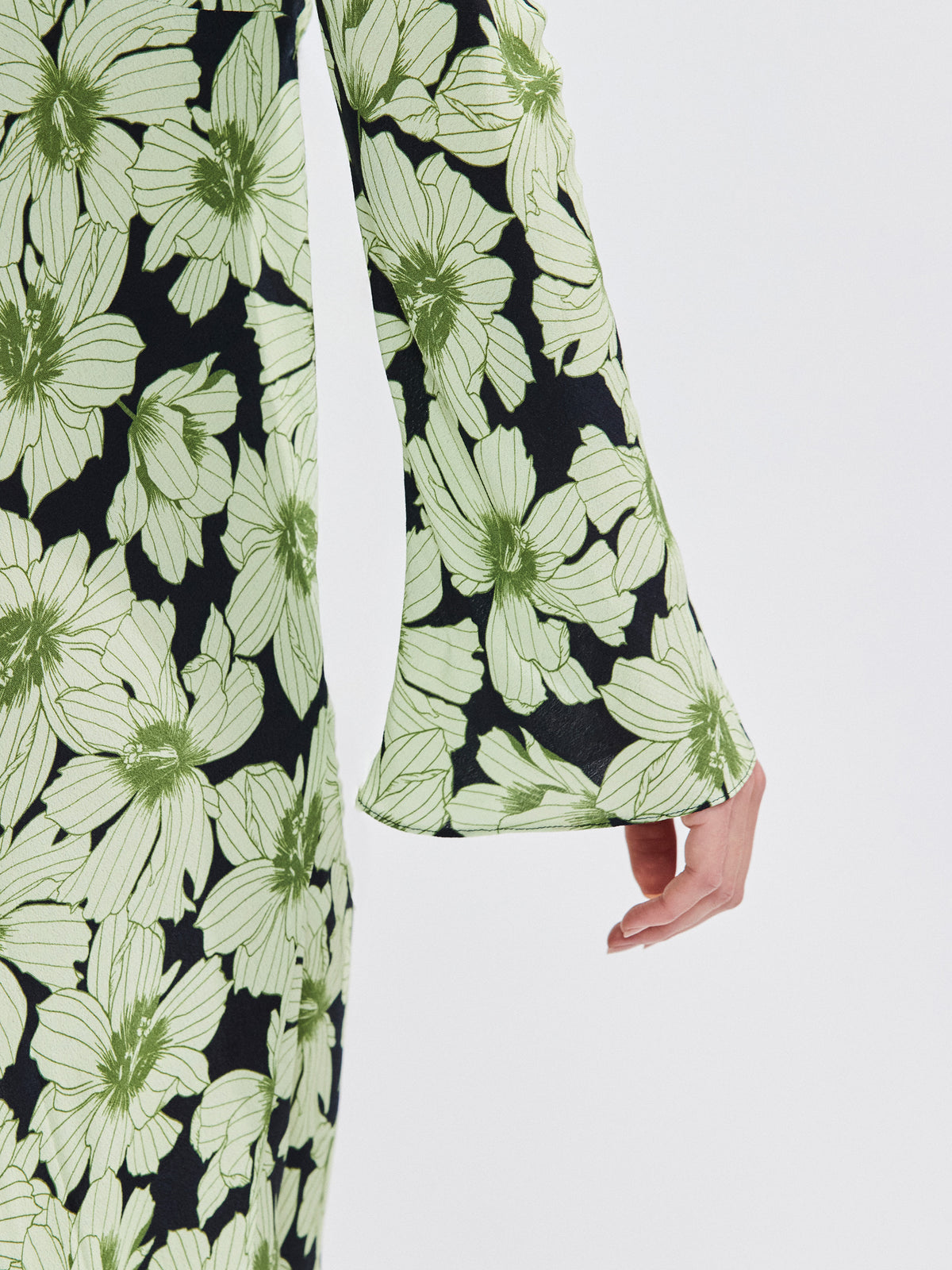 Green Floral Flute Sleeve Dress