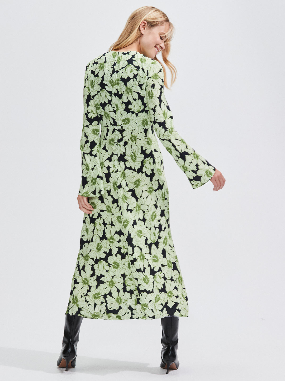 Petite Green Floral Flute Sleeve Dress